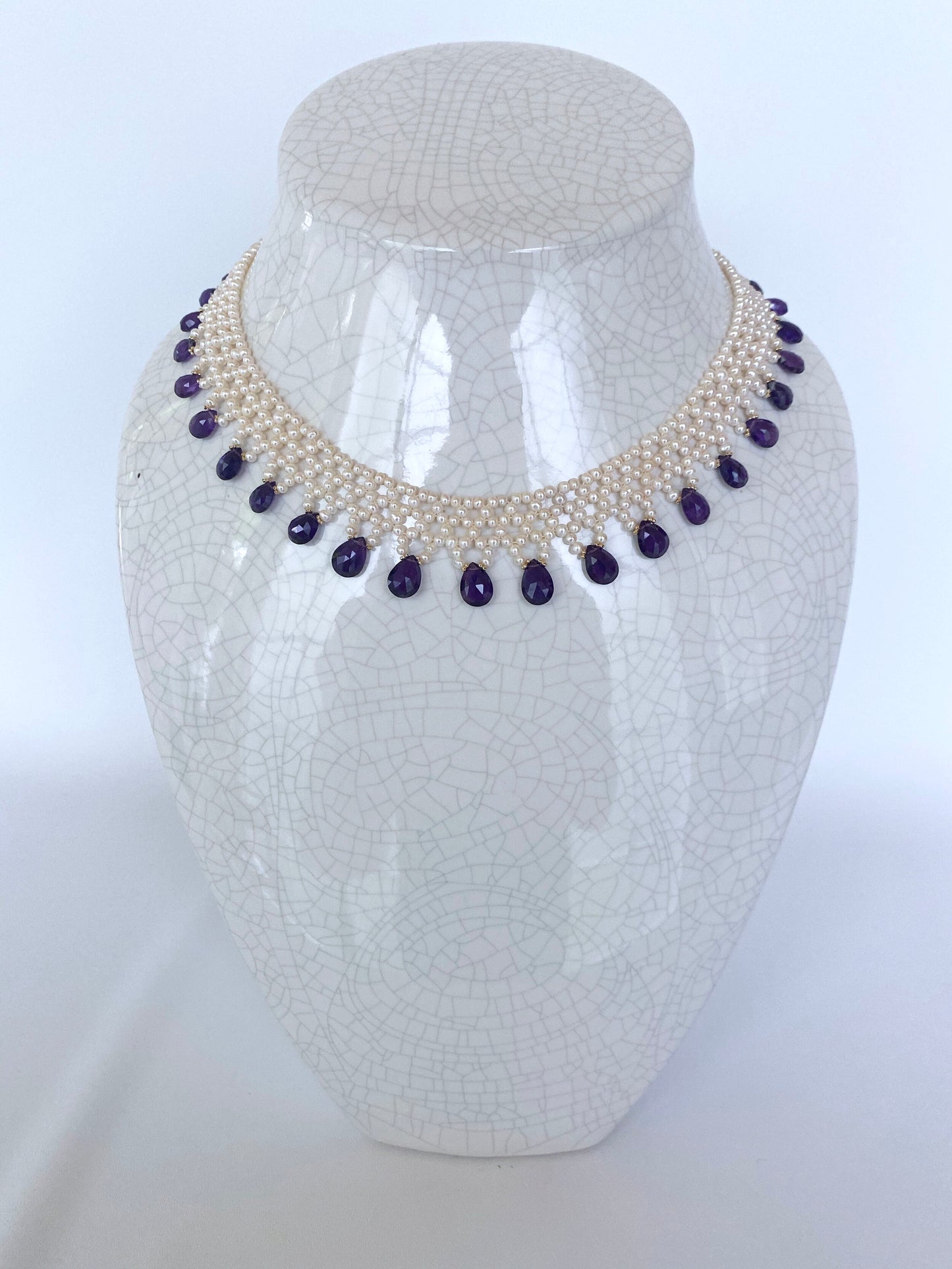 Woven Pearl Necklace with Amethyst Briolettes and 14K Yellow Gold