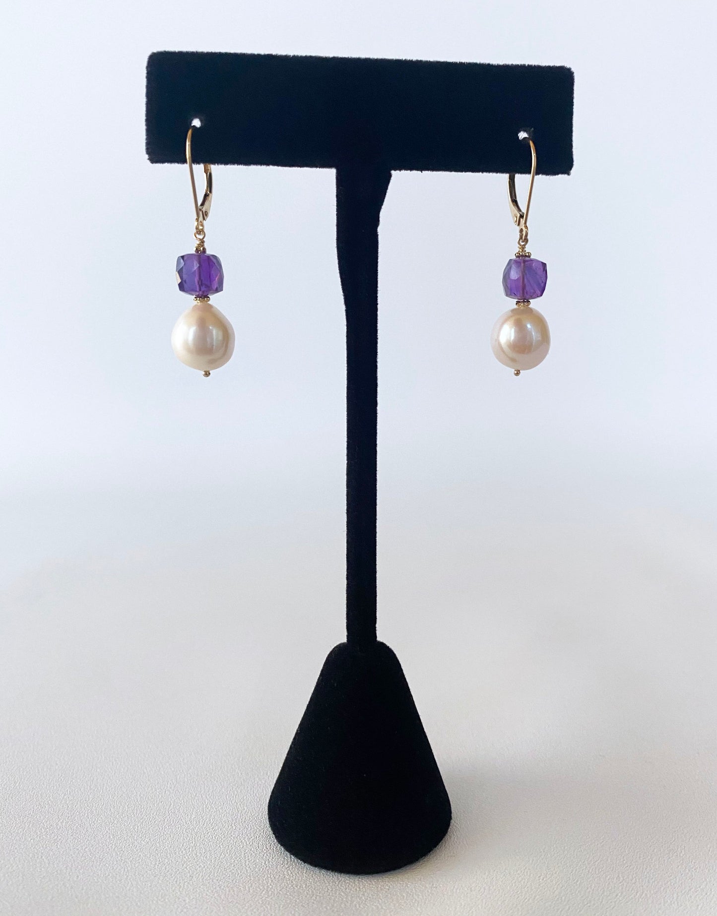 Pearl, Amethyst and 14k Yellow Gold Lever Back Earrings