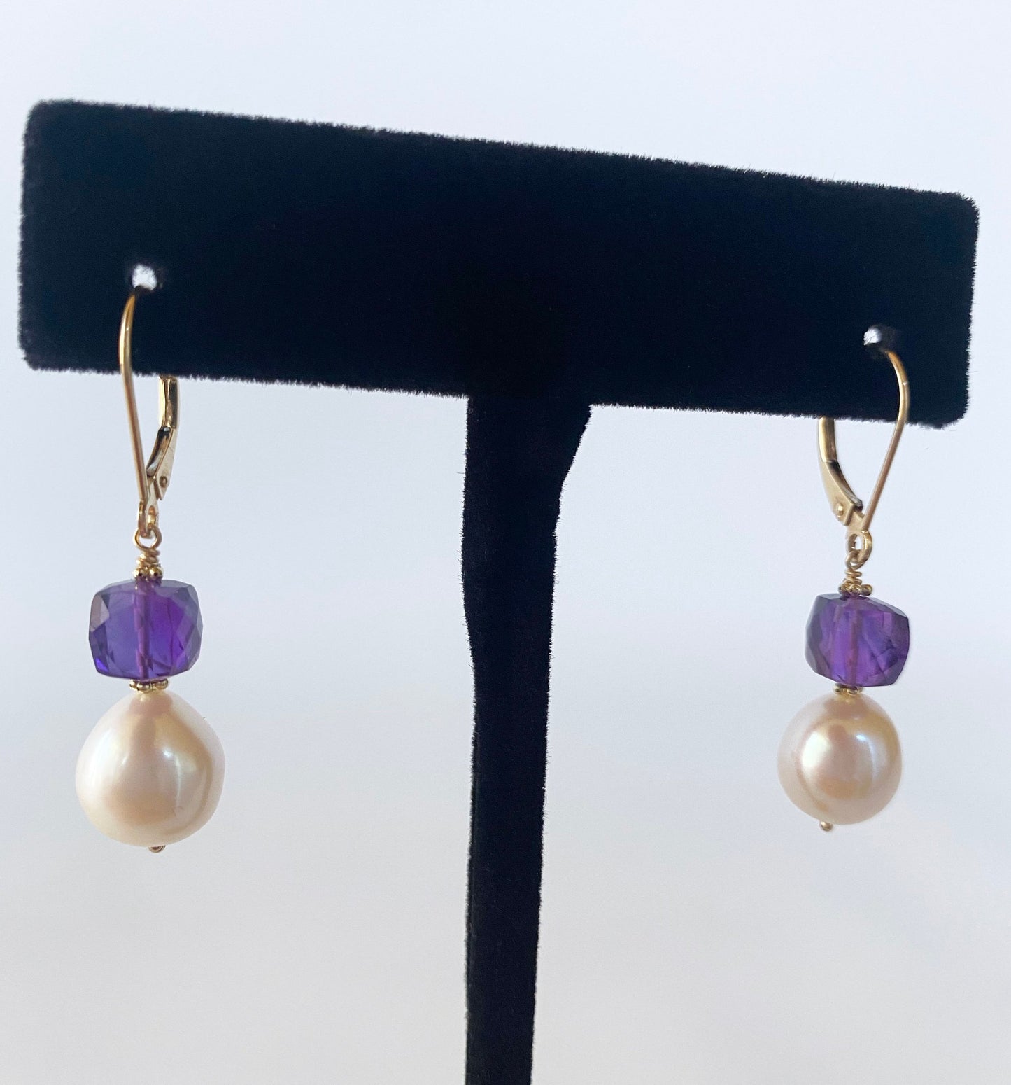 Pearl, Amethyst and 14k Yellow Gold Lever Back Earrings