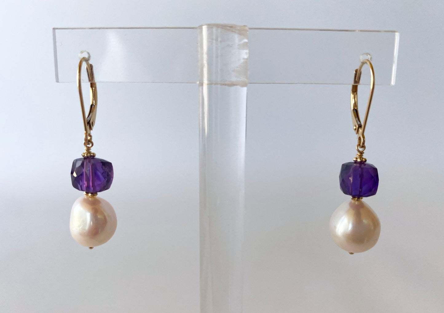 Pearl, Amethyst and 14k Yellow Gold Lever Back Earrings