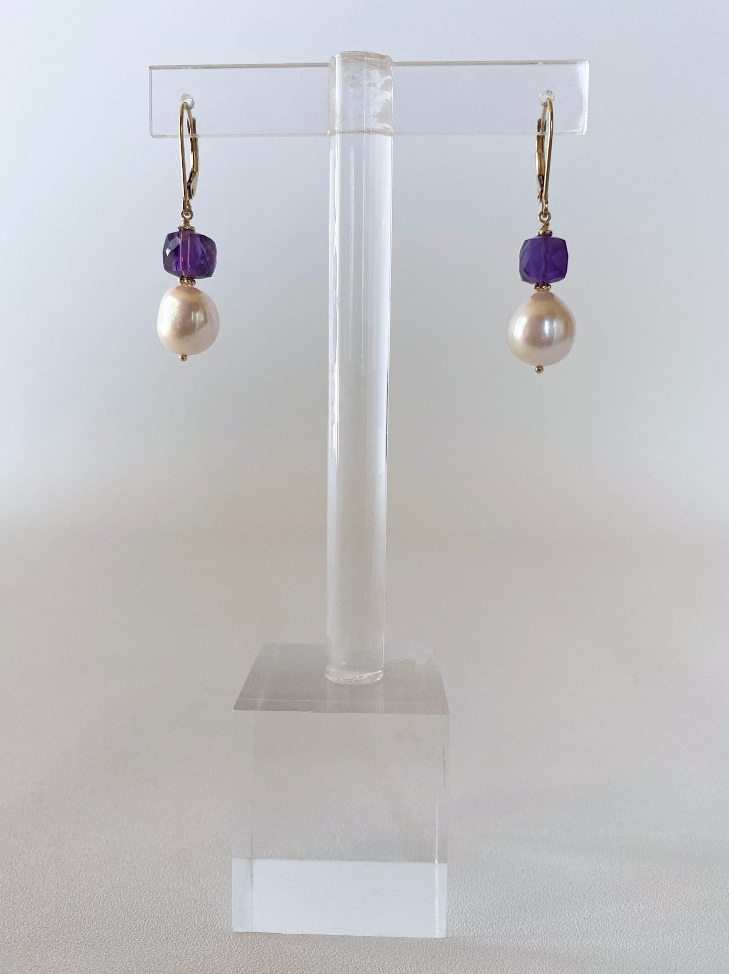 Pearl, Amethyst and 14k Yellow Gold Lever Back Earrings