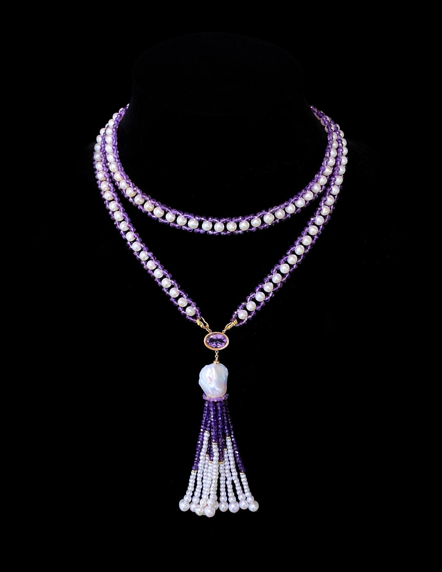 Pearl, Amethyst and 14k Yellow Gold Sautoir with Tassel