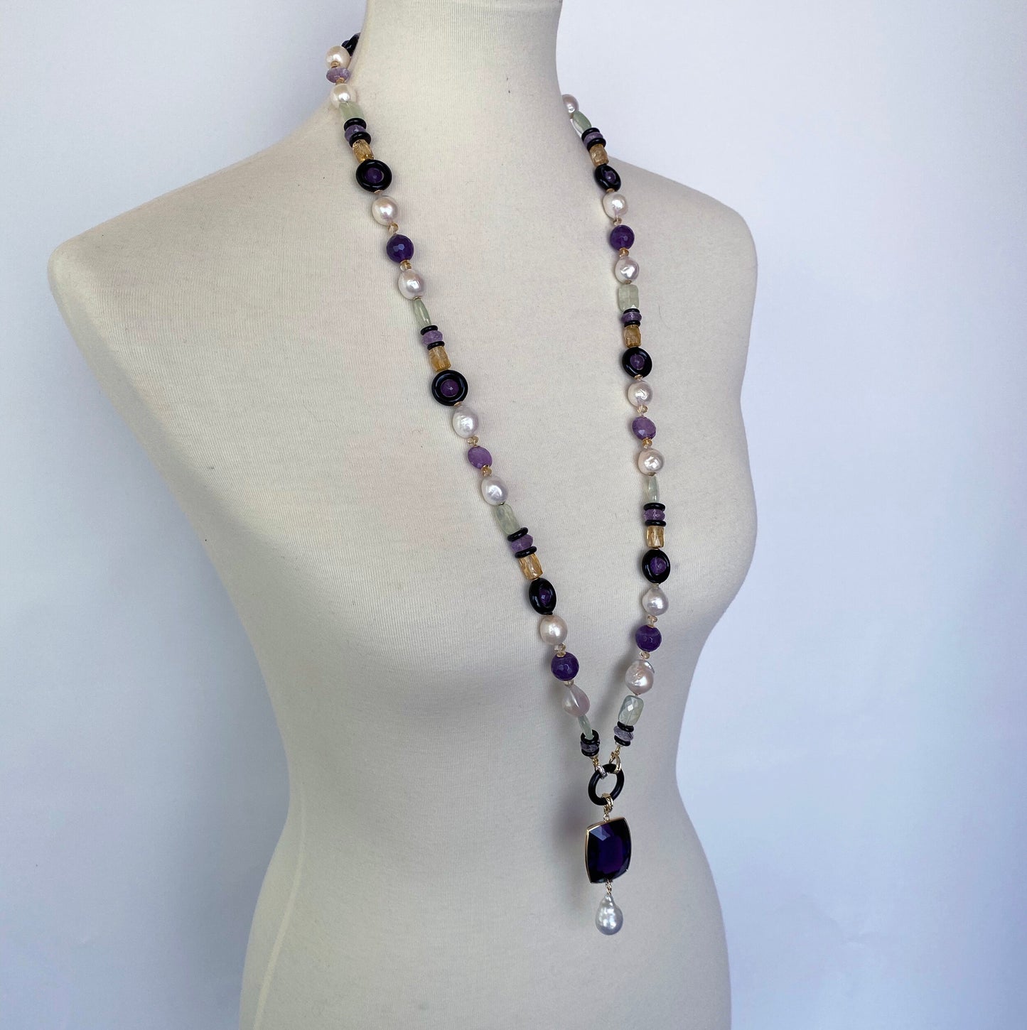 Pearl, Amethyst, Citrine, Black Onyx and 14k Yellow Gold Sautoir