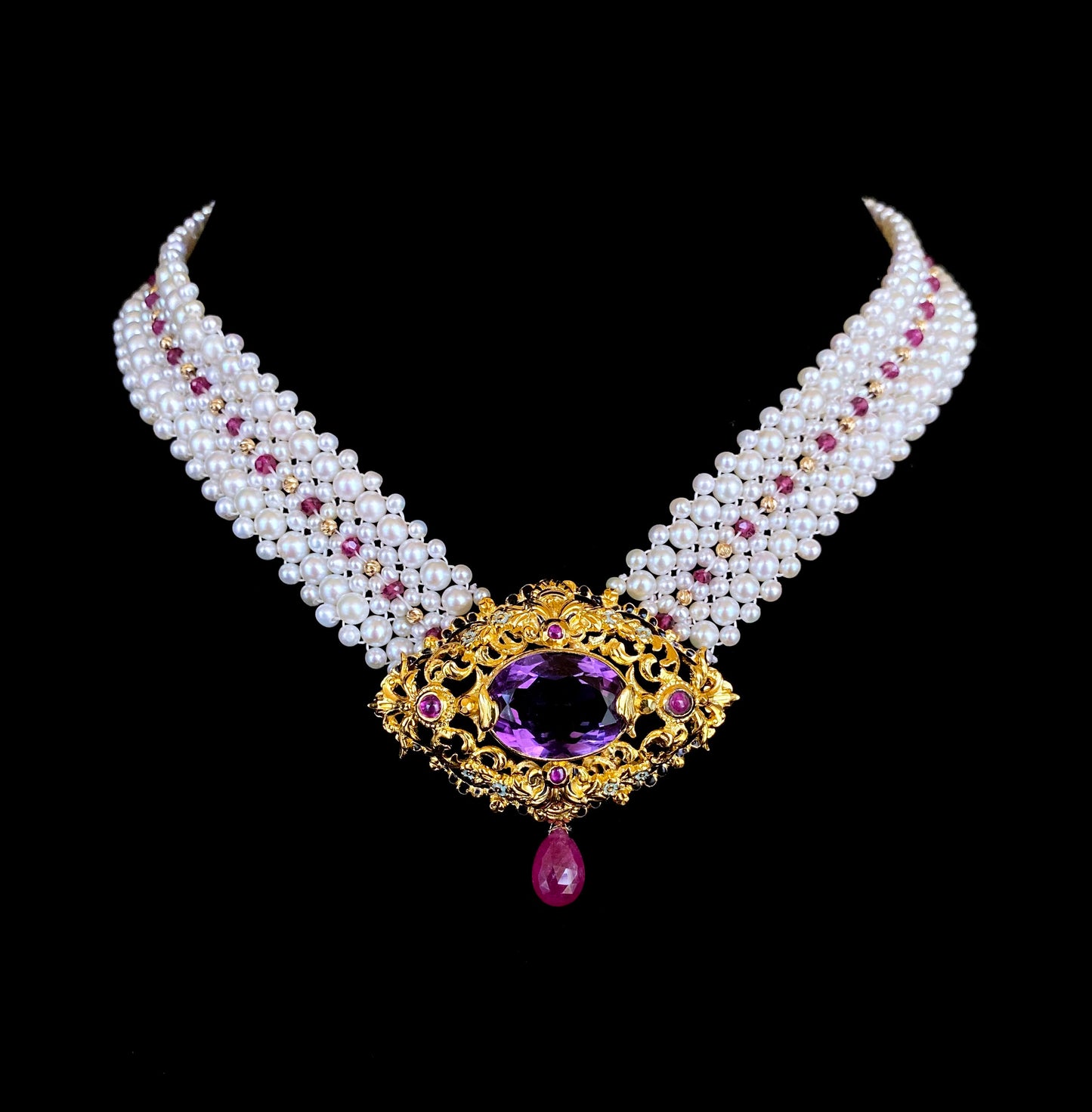 Woven Pearl, Ruby & Gold Necklace with Vintage Gold & Amethyst Brooch