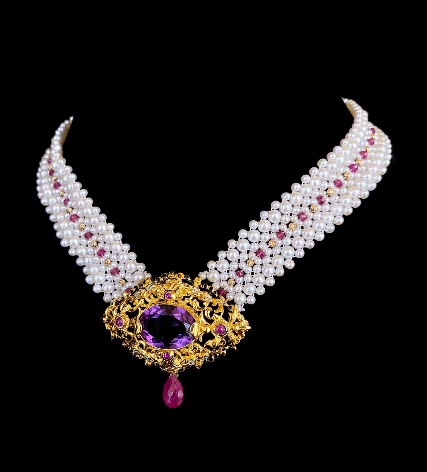 Woven Pearl, Ruby & Gold Necklace with Vintage Gold & Amethyst Brooch