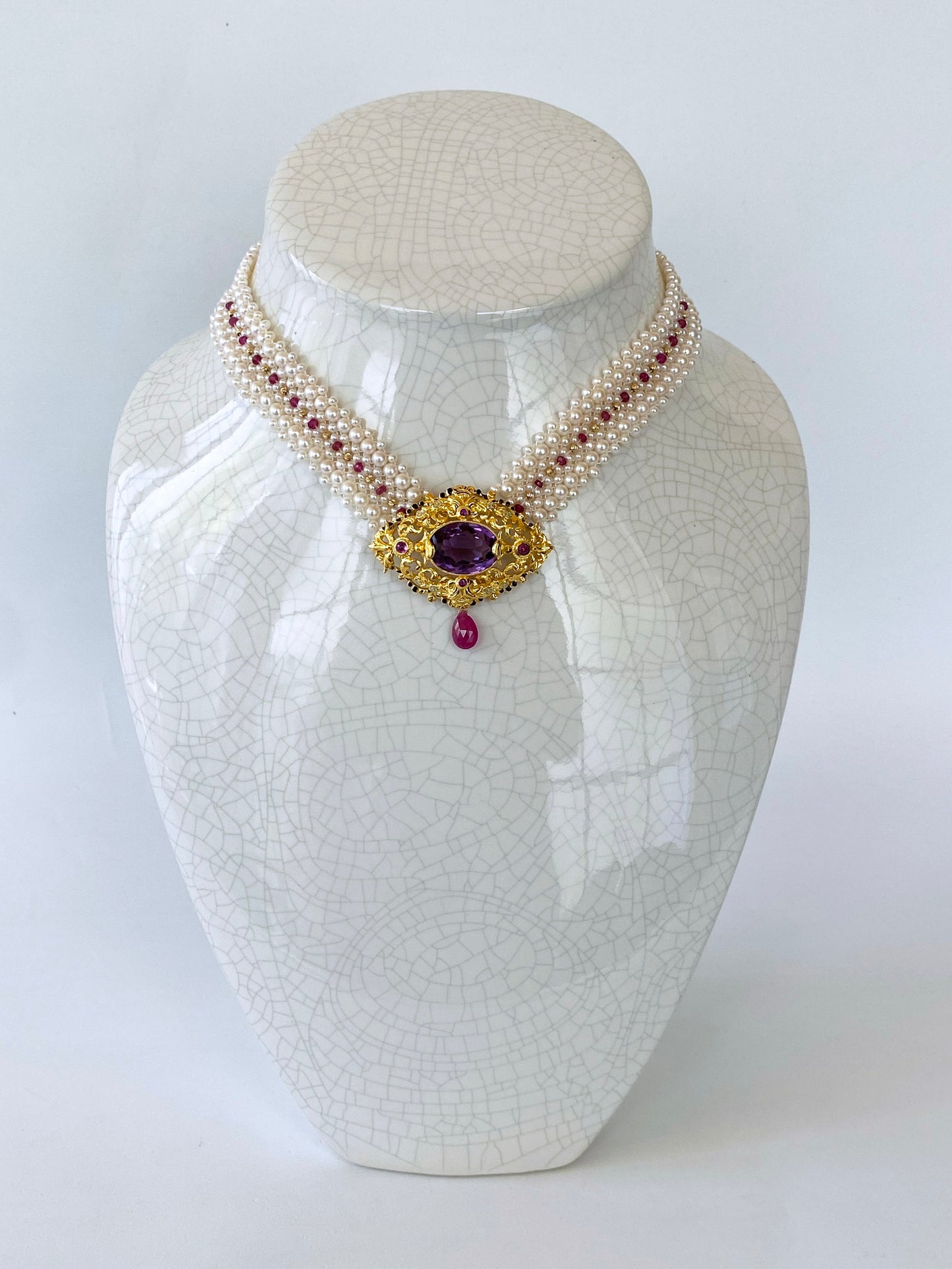 Woven Pearl, Ruby & Gold Necklace with Vintage Gold & Amethyst Brooch