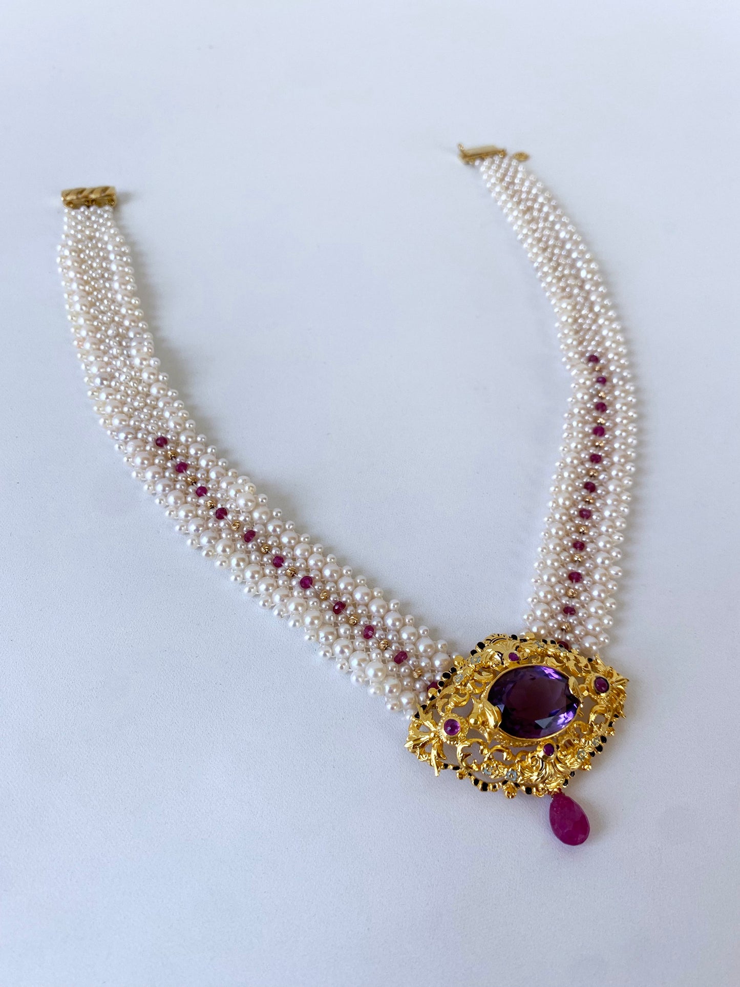 Woven Pearl, Ruby & Gold Necklace with Vintage Gold & Amethyst Brooch