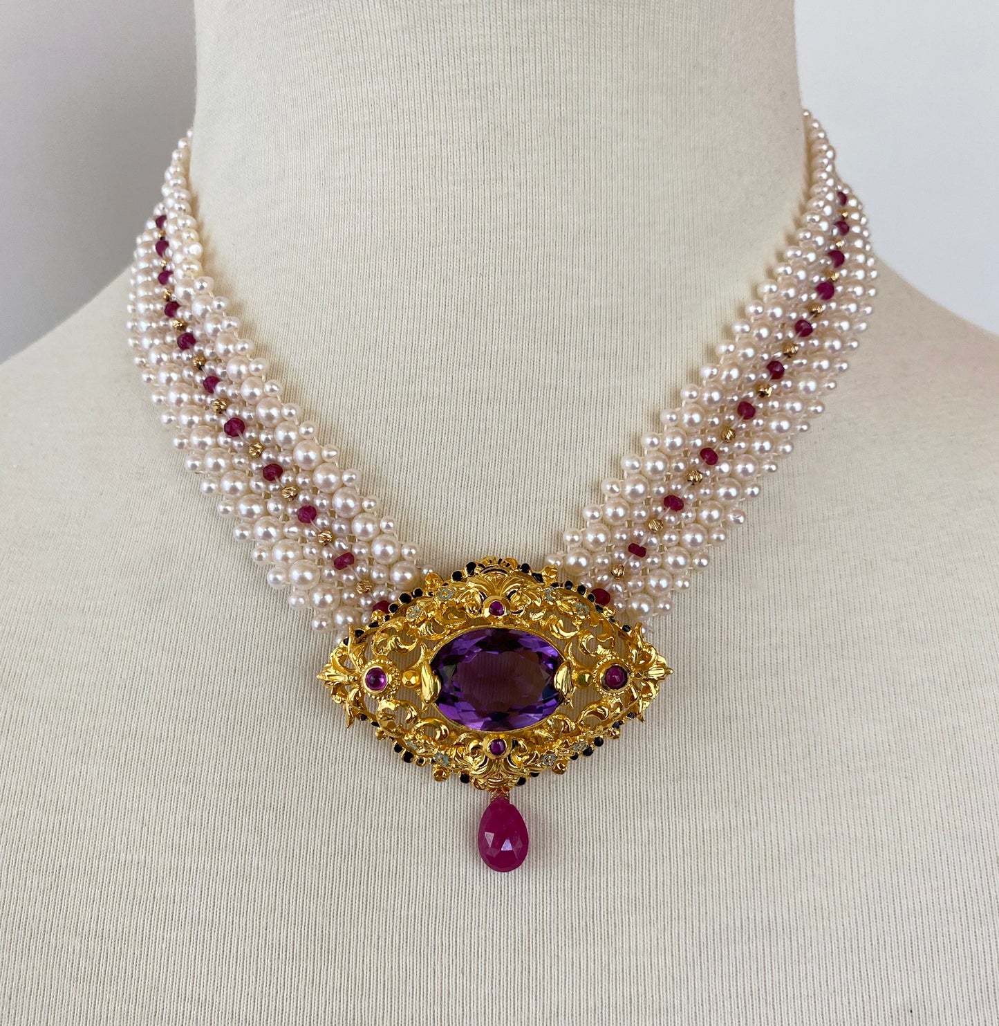 Woven Pearl, Ruby & Gold Necklace with Vintage Gold & Amethyst Brooch