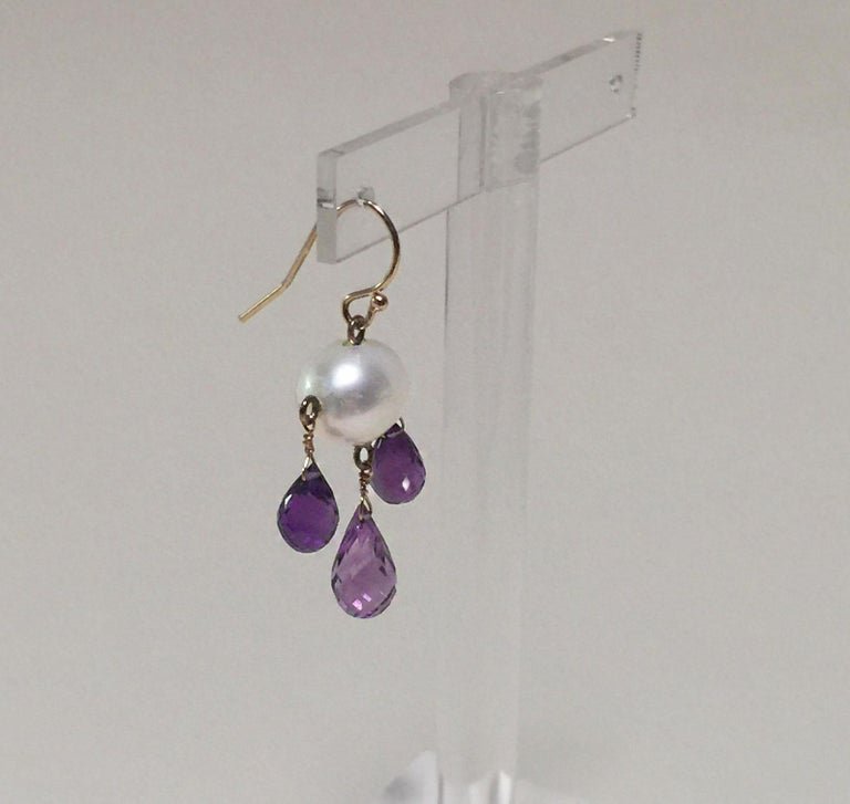 Pearl and Amethyst Drop Earrings with 14 K Yellow Gold