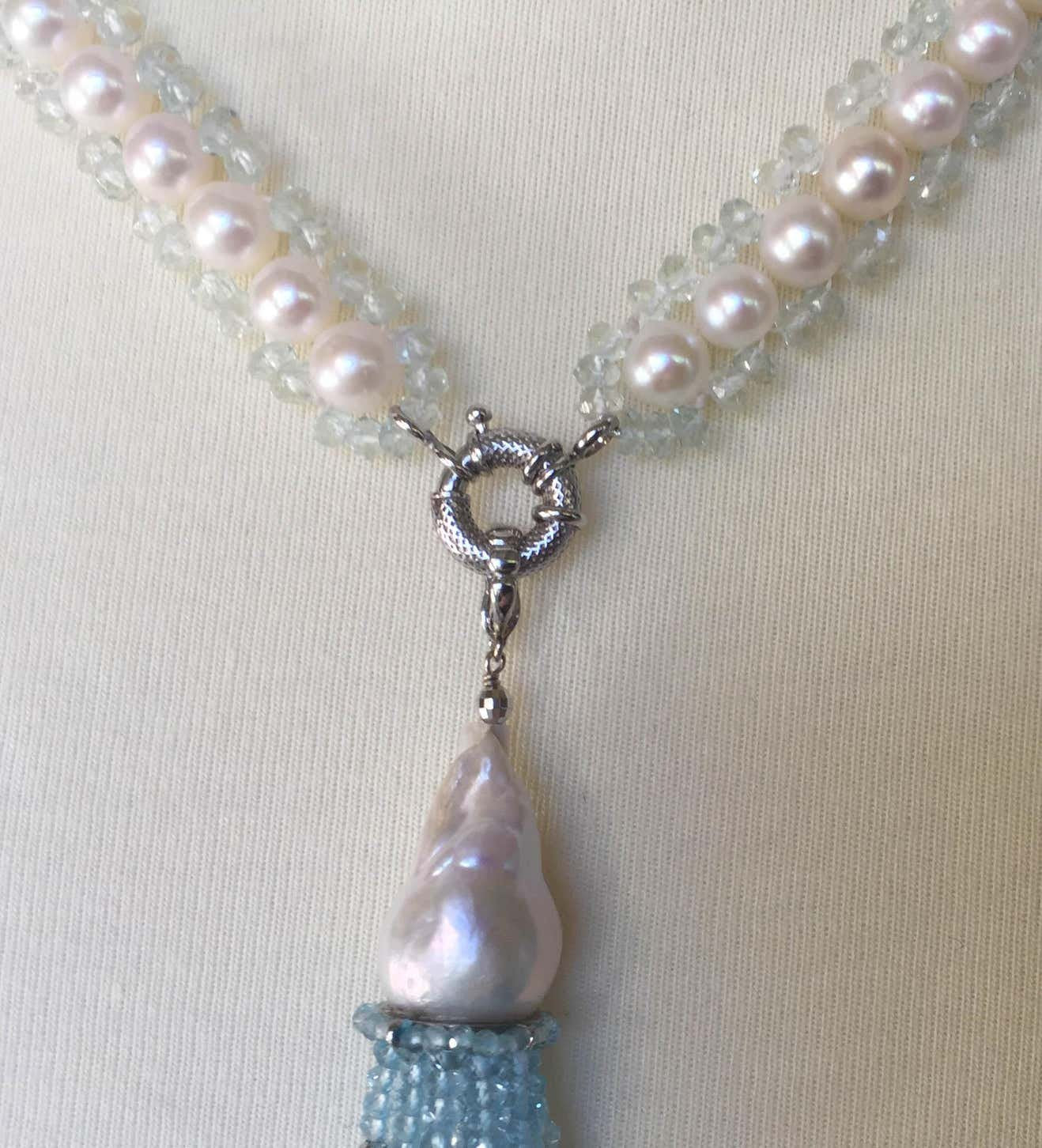 Aquamarine, Pearl & 14k White Gold Woven Sautoir