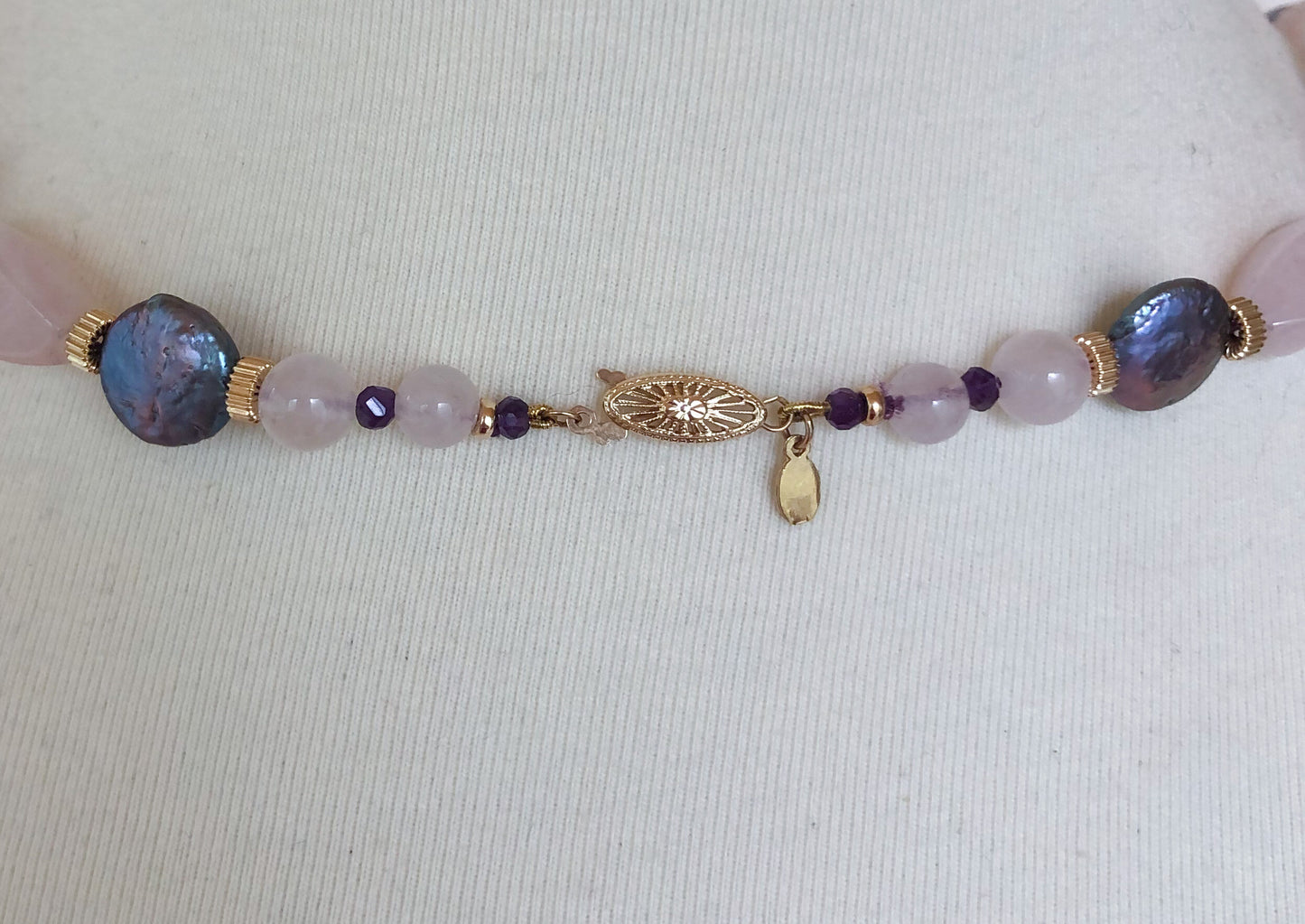 Amethyst, Rose Quartz, Pink Aquamarine & Pearl Necklace with 14k Gold
