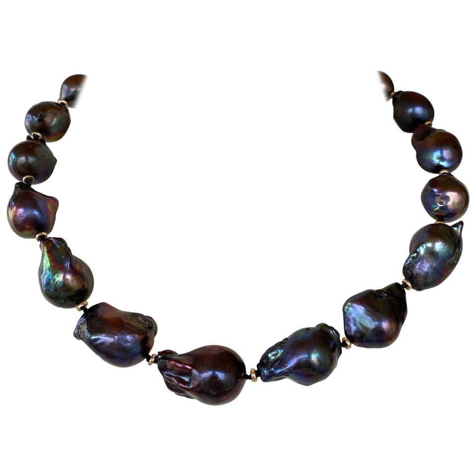 Large Baroque Black Pearl Necklace with 14 Karat Gold Beads and Clasp