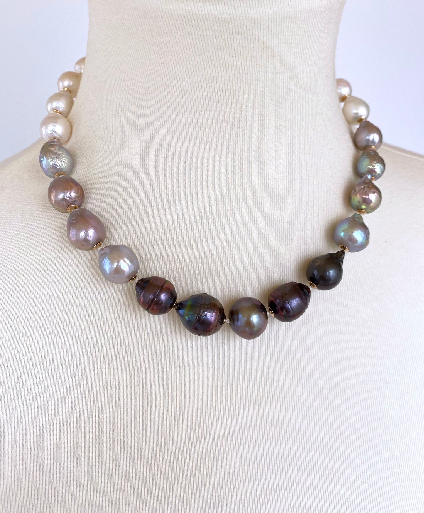 Black, White & Grey Graduated Ombre Pearl Necklace with 14K Gold Clasp