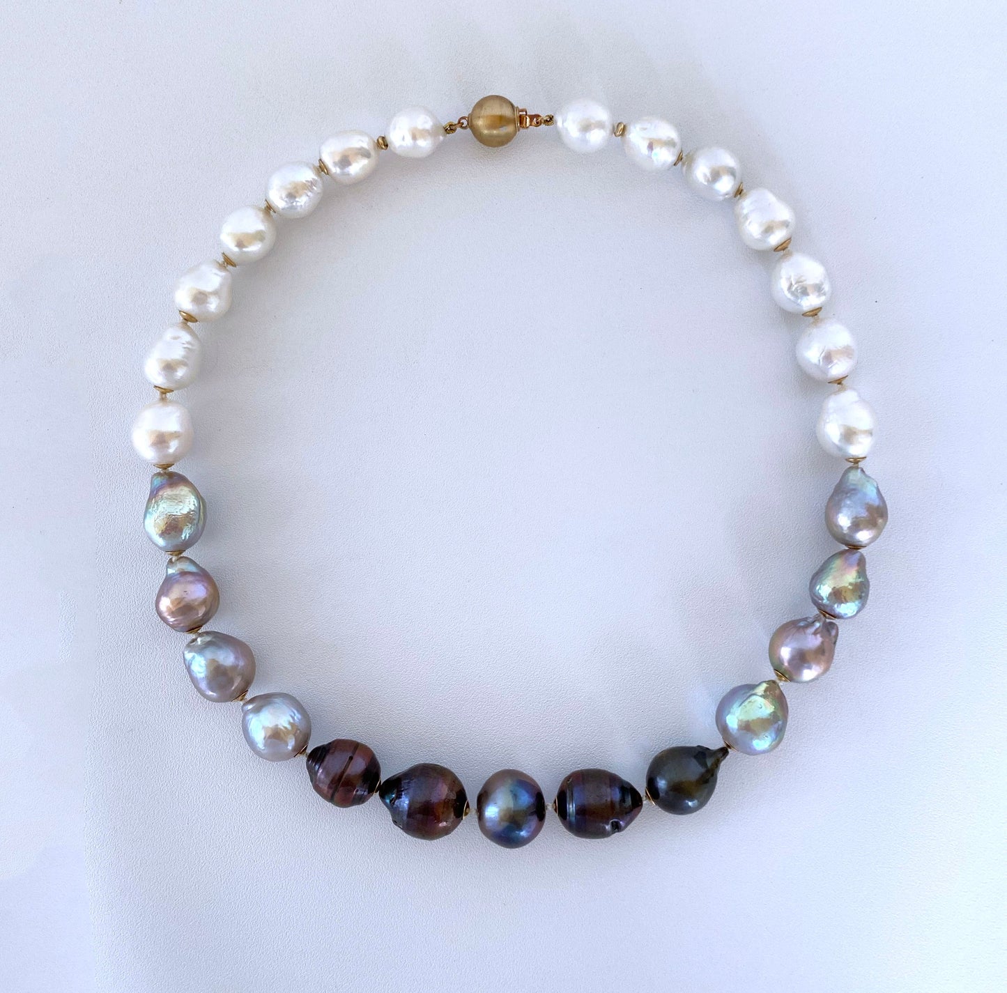 Black, White & Grey Graduated Ombre Pearl Necklace with 14K Gold Clasp