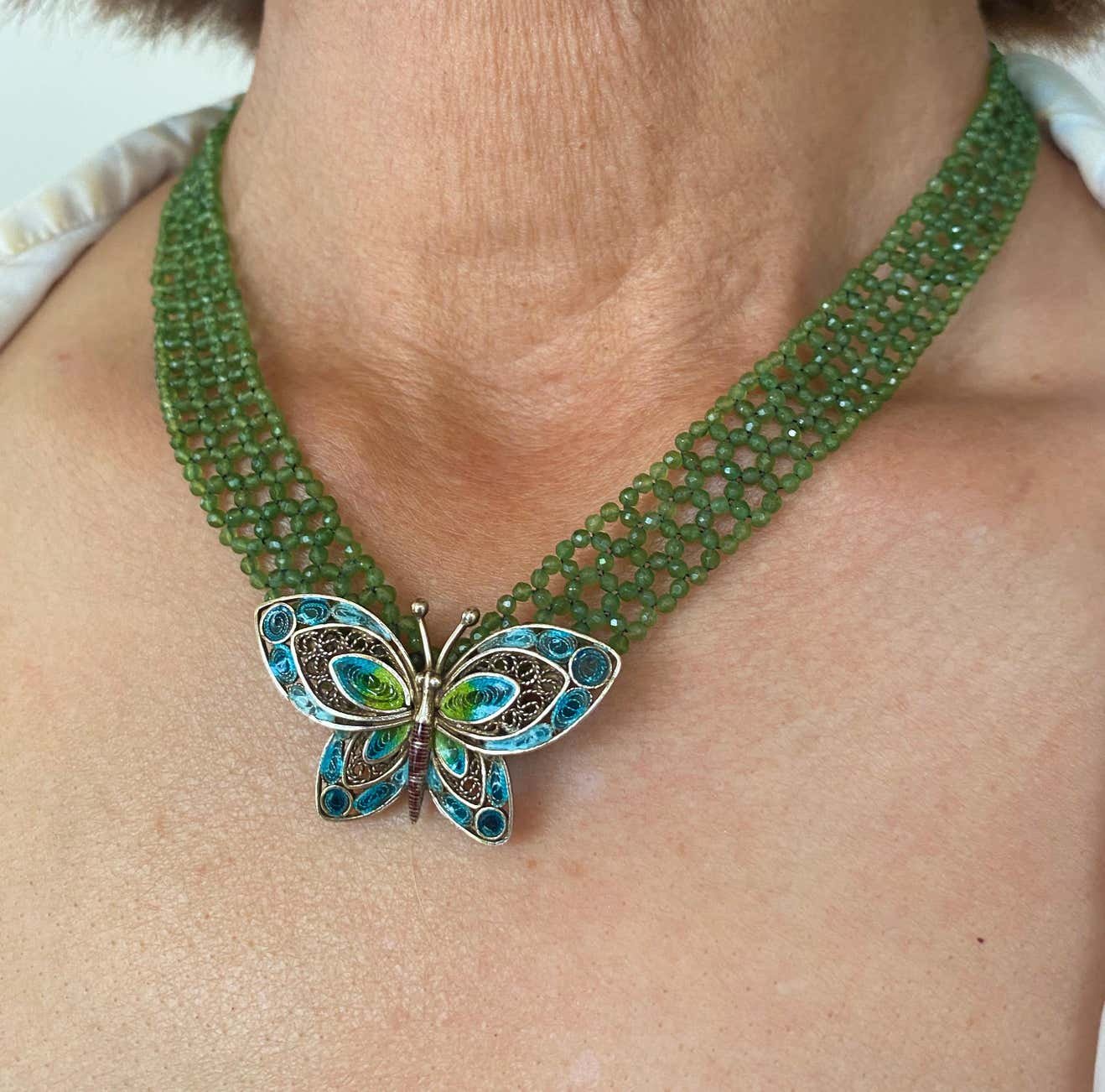 Woven Faceted Peridot Beaded Necklace with 14K Yellow Gold Clasp brooch