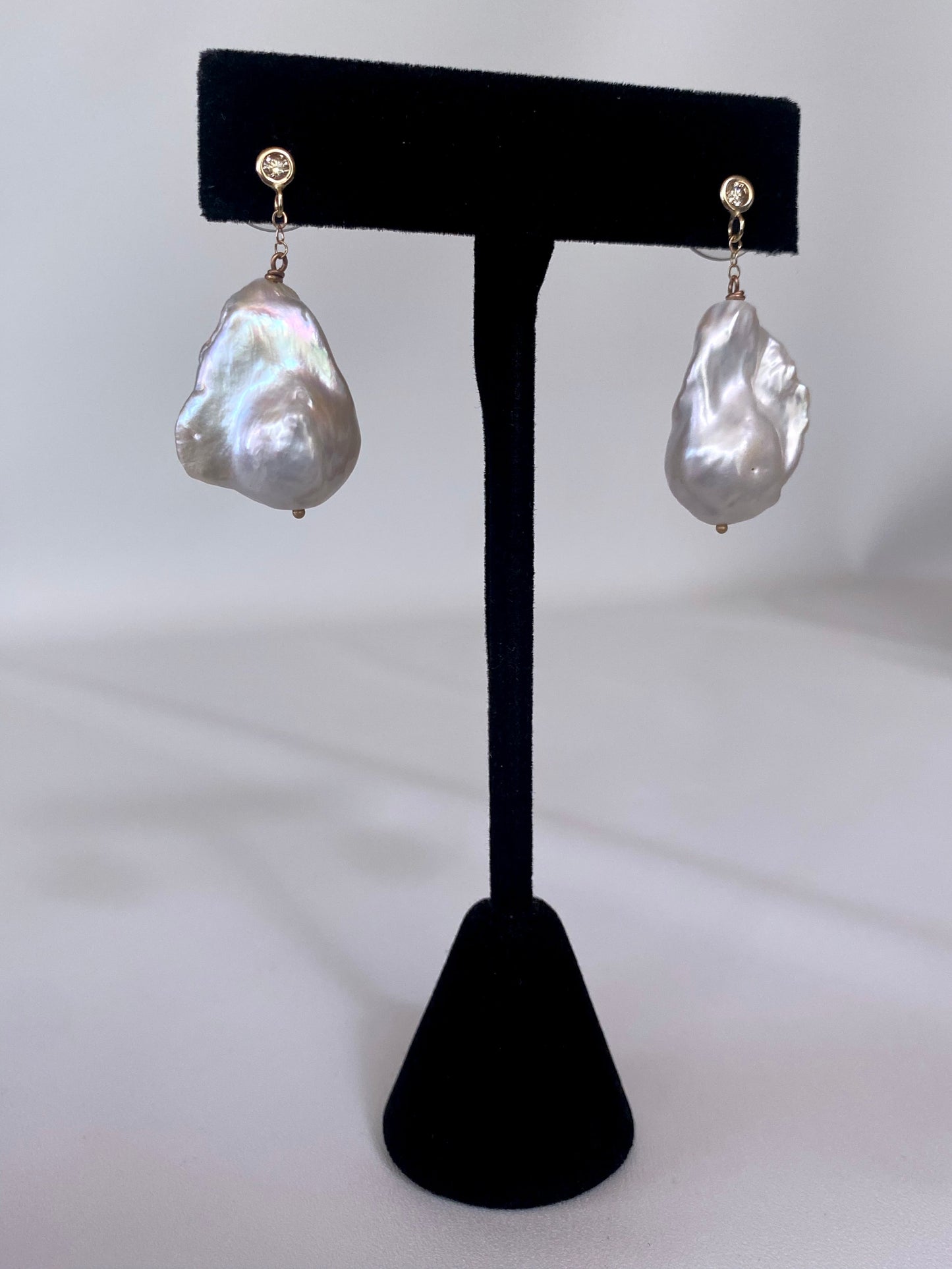 Diamond & Large Baroque Pearl Earrings in 14k Yellow Gold