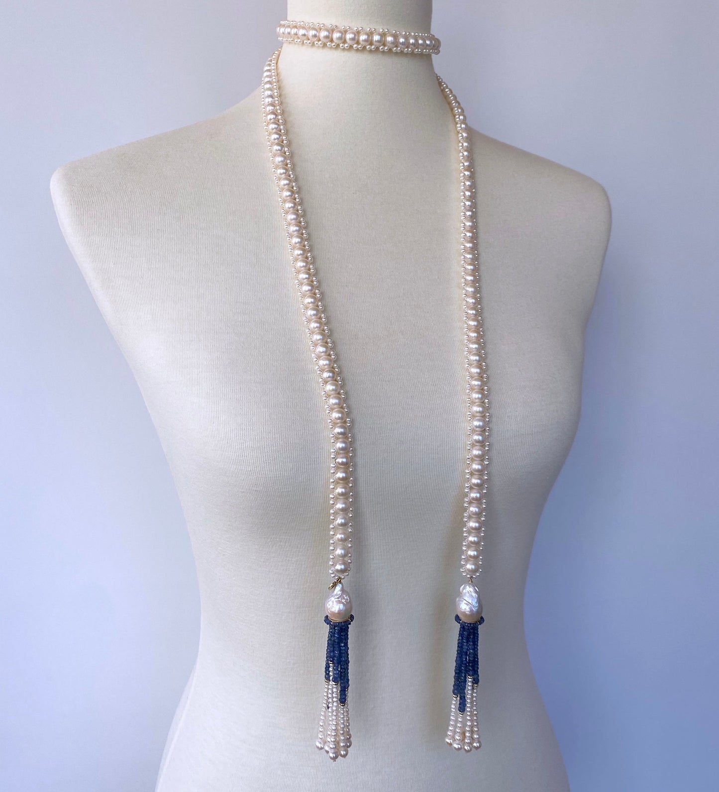 Blue Sapphire & Baroque Pearl Tassels Sautoir with 14k Yellow Gold