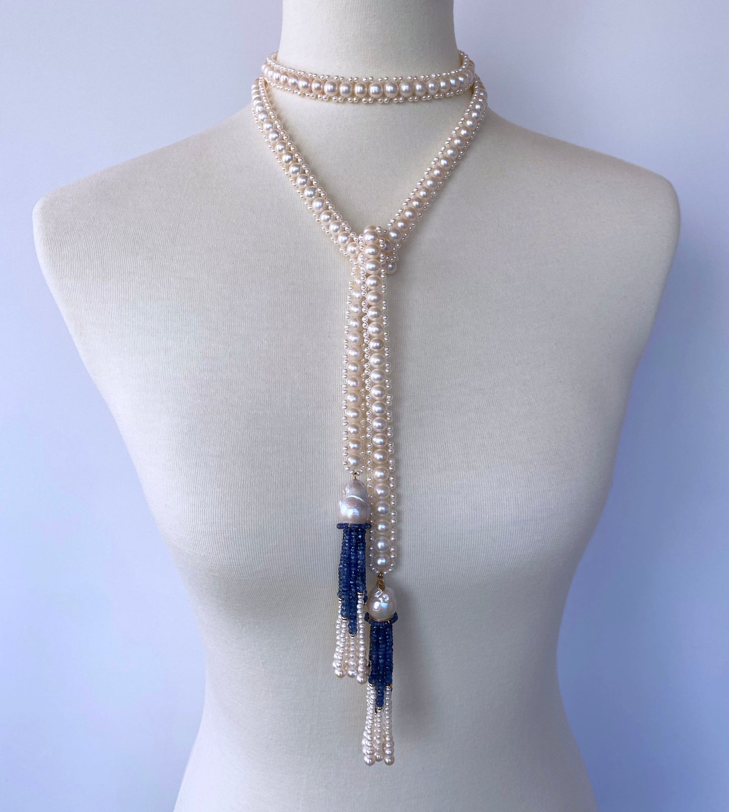 Blue Sapphire & Baroque Pearl Tassels Sautoir with 14k Yellow Gold