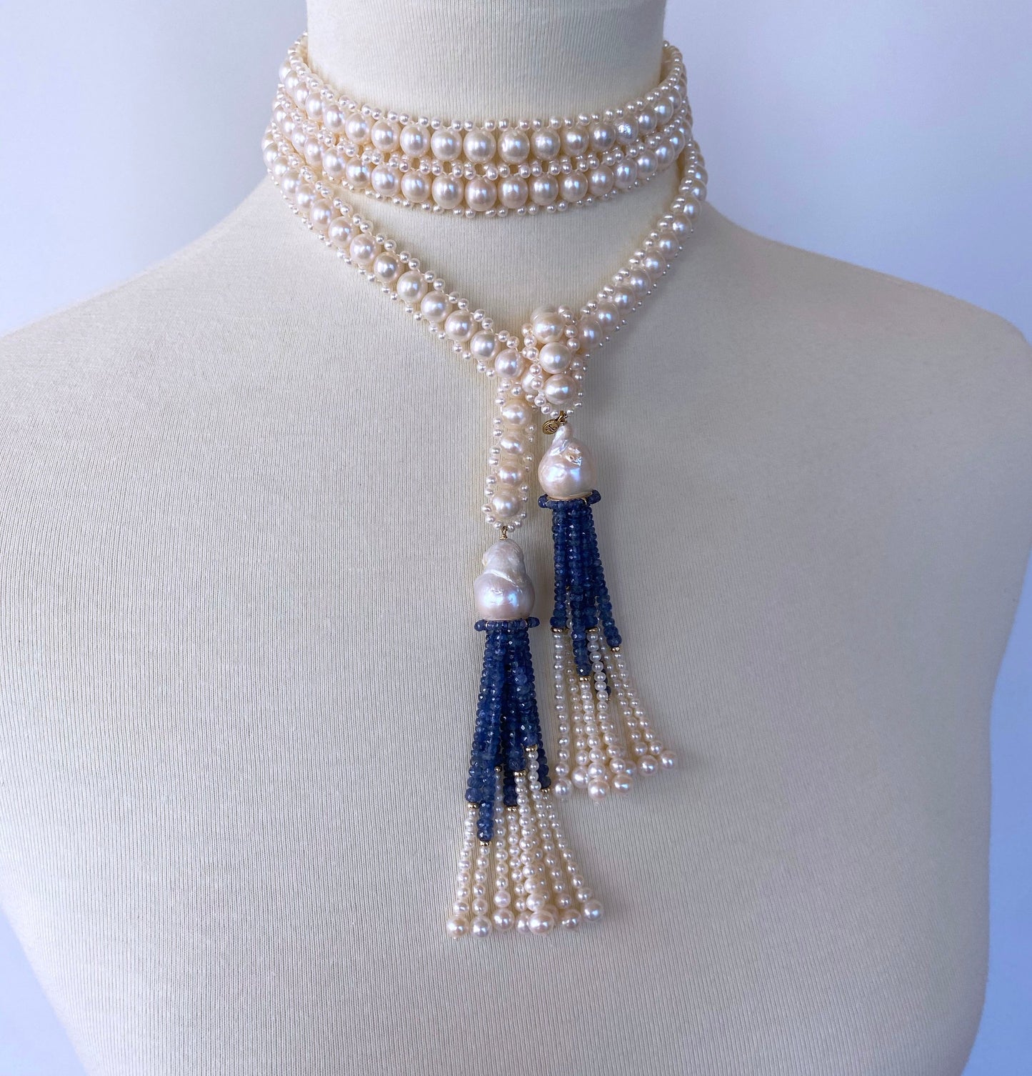 Blue Sapphire & Baroque Pearl Tassels Sautoir with 14k Yellow Gold