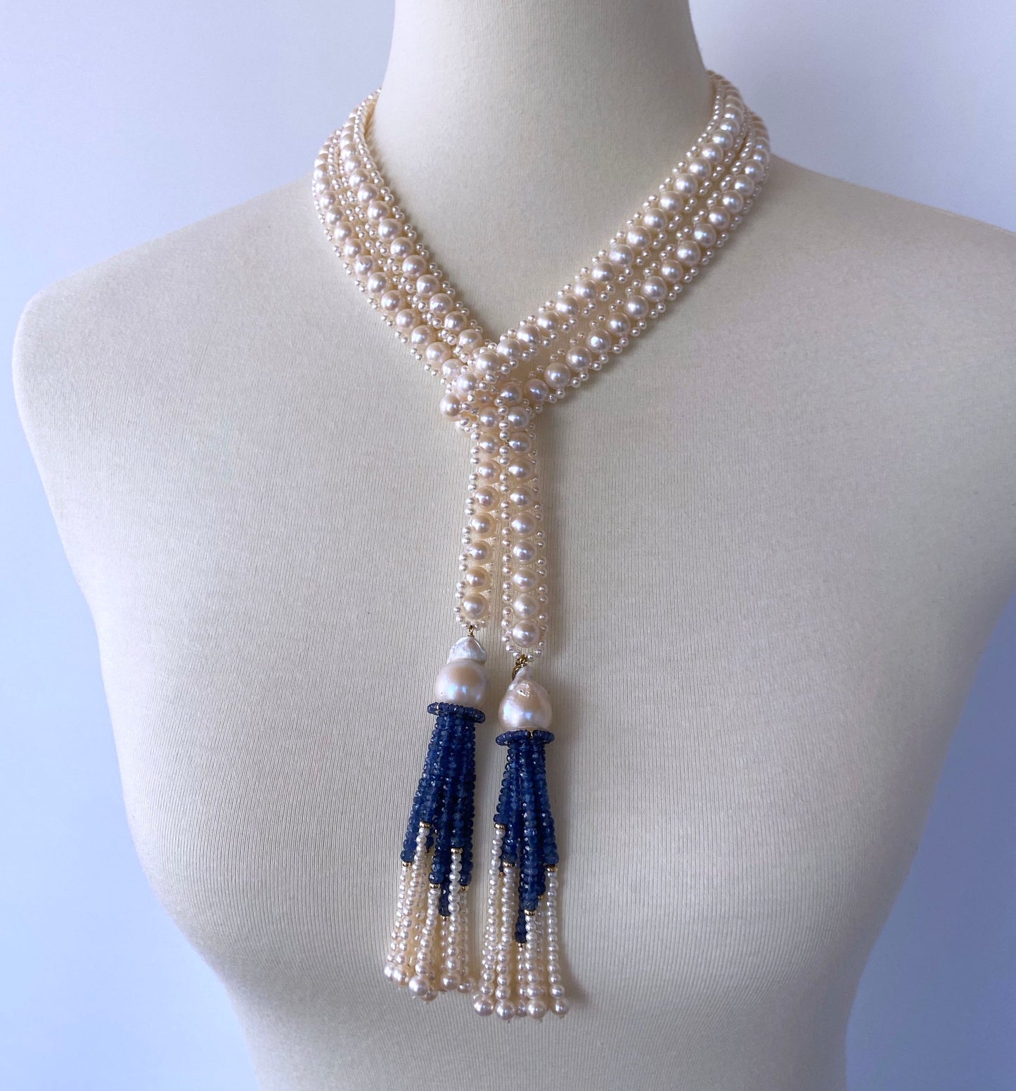 Blue Sapphire & Baroque Pearl Tassels Sautoir with 14k Yellow Gold