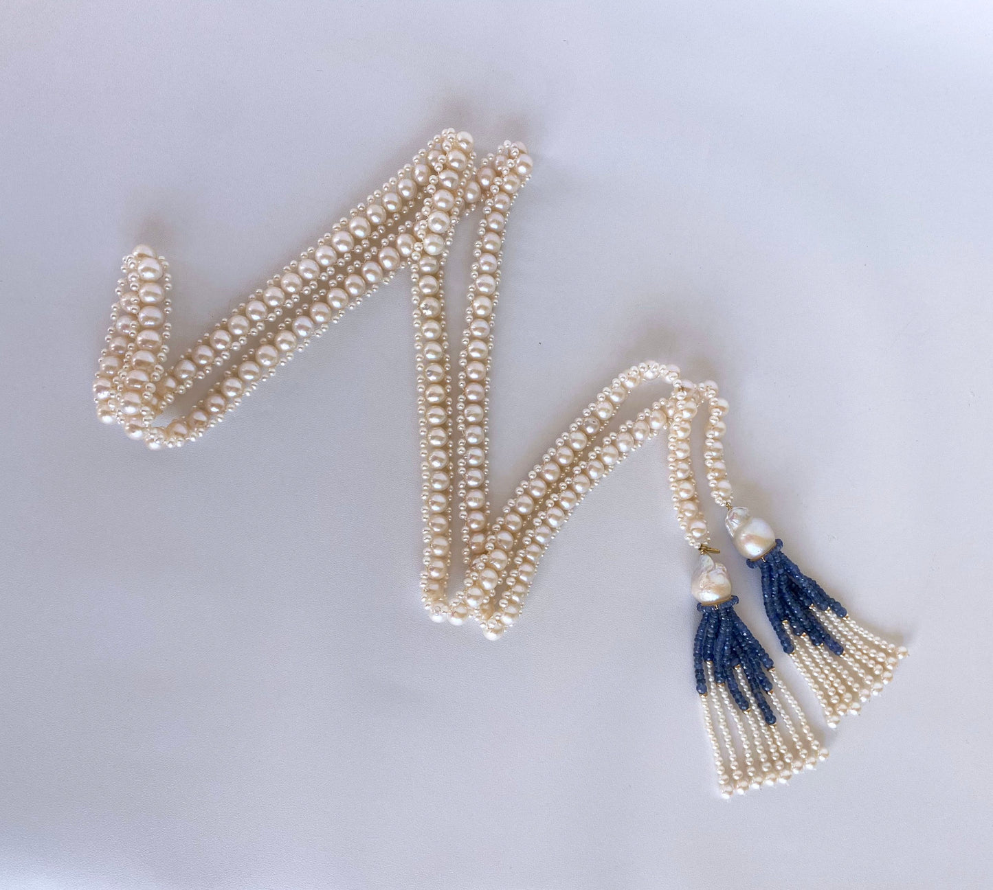 Blue Sapphire & Baroque Pearl Tassels Sautoir with 14k Yellow Gold