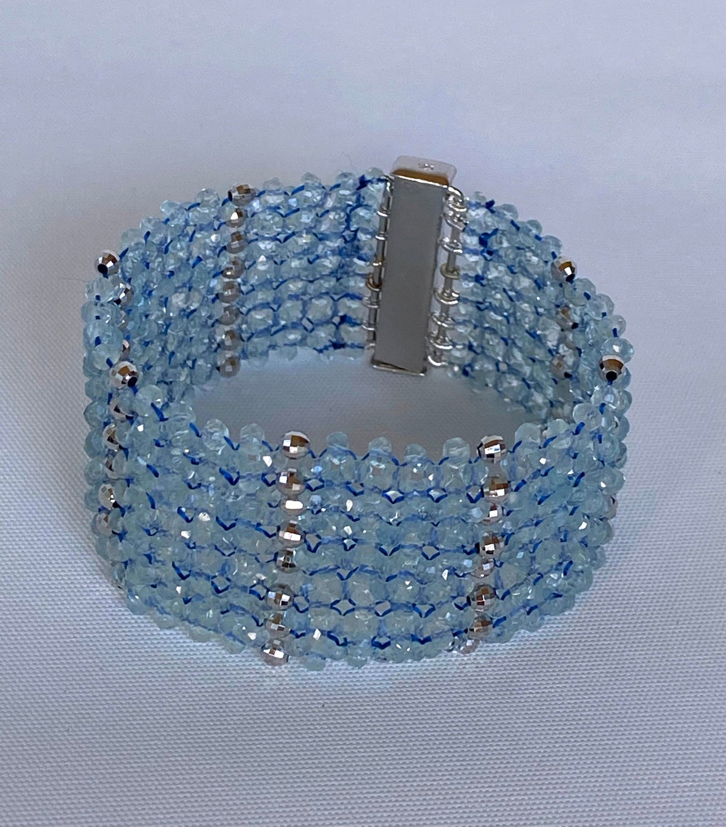 Aquamarine & Rhodium Plated Sterling Silver Woven Bracelet