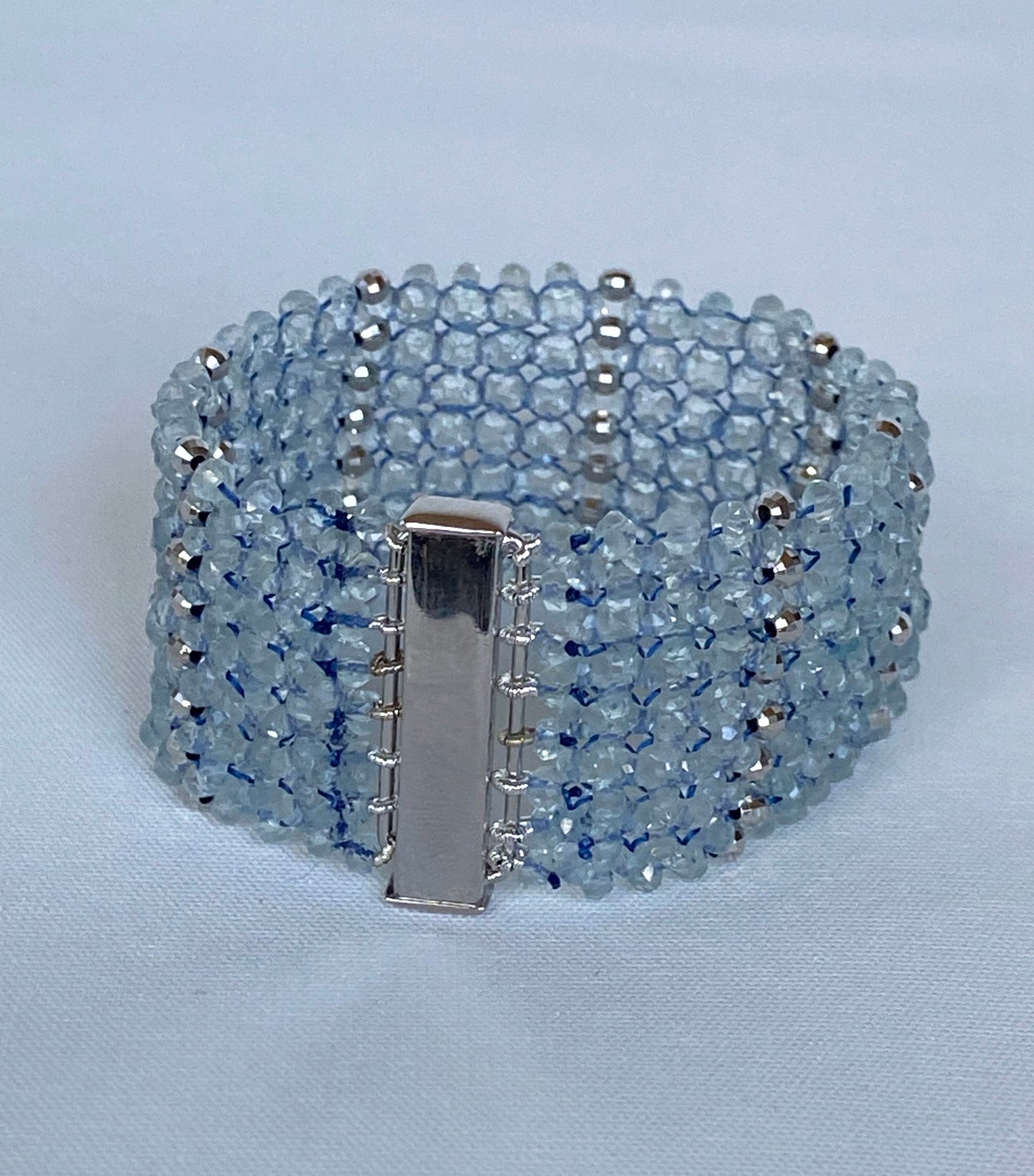 Aquamarine & Rhodium Plated Sterling Silver Woven Bracelet