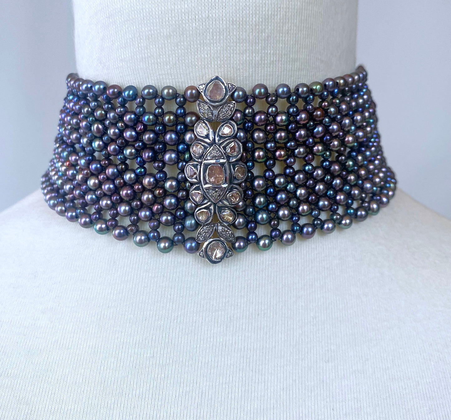 Marina J. Woven Black Pearl Choker with Vintage Raw Diamond Centerpiece