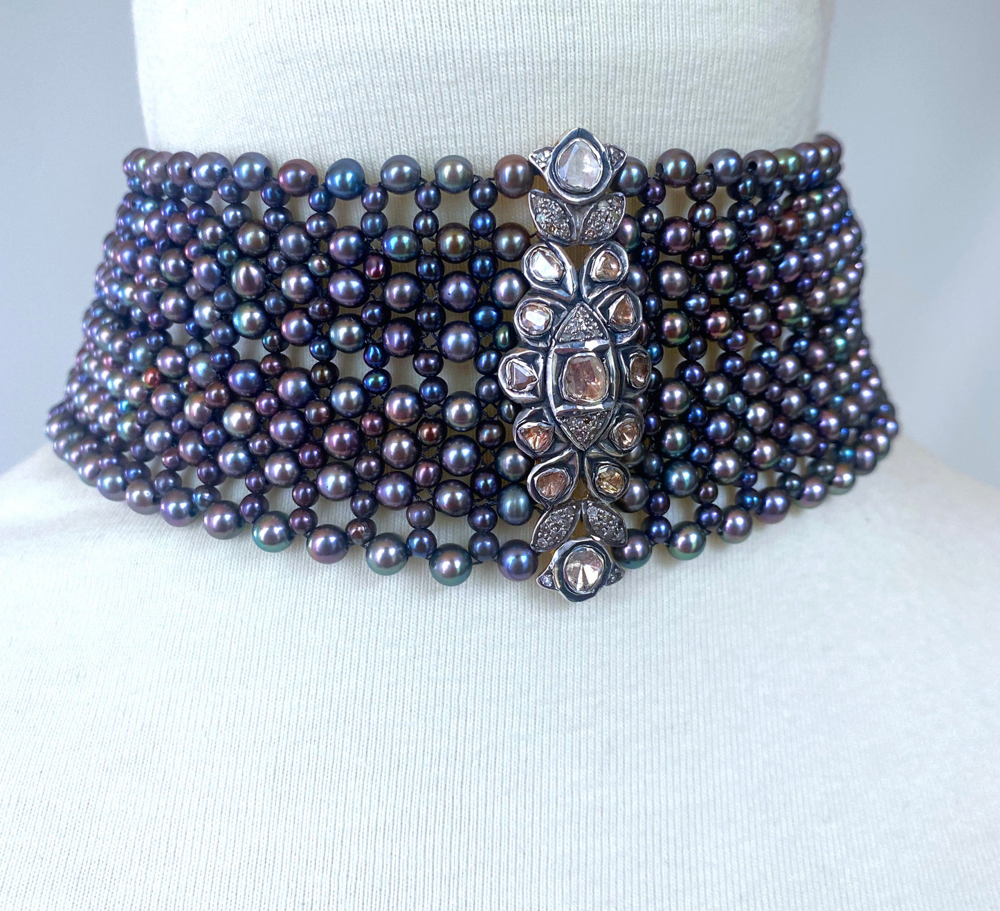 Marina J. Woven Black Pearl Choker with Vintage Raw Diamond Centerpiece