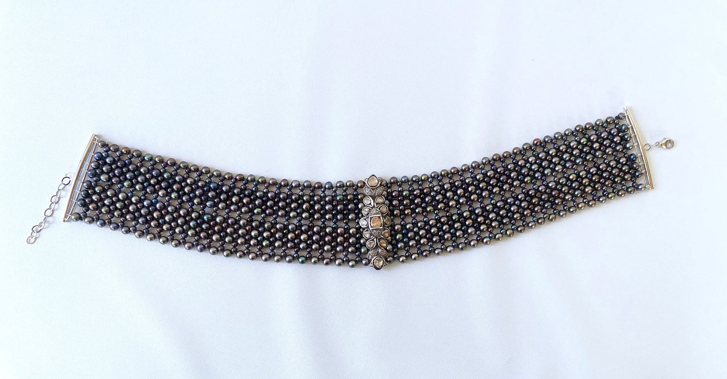 Marina J. Woven Black Pearl Choker with Vintage Raw Diamond Centerpiece