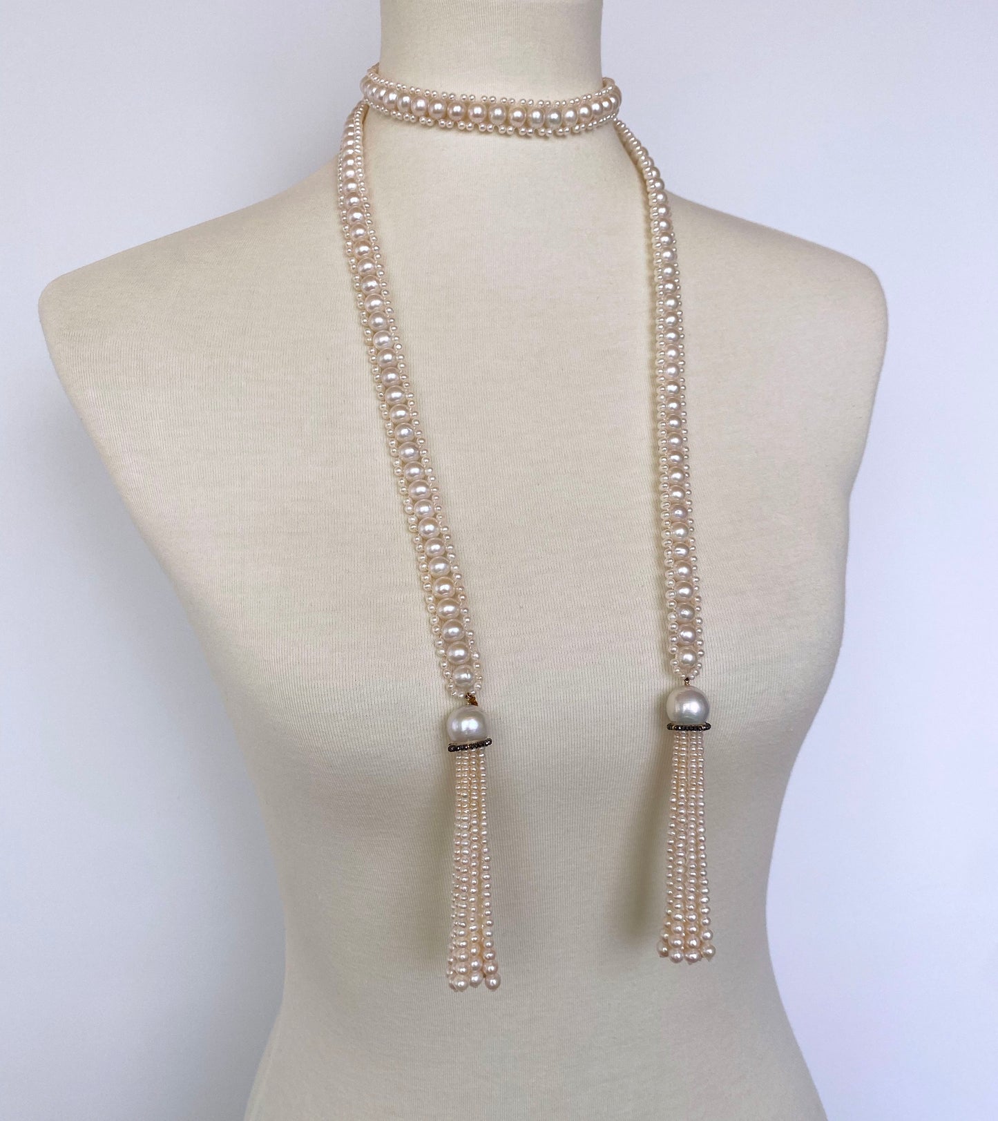 All Pearl Sautoir with Graduated Tassel, Black Diamond and 14K