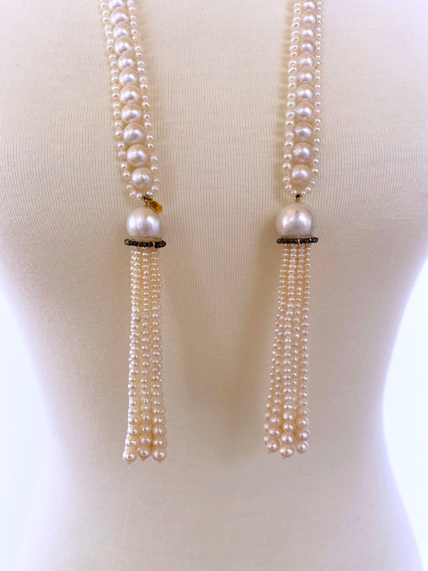 All Pearl Sautoir with Graduated Tassel, Black Diamond and 14K