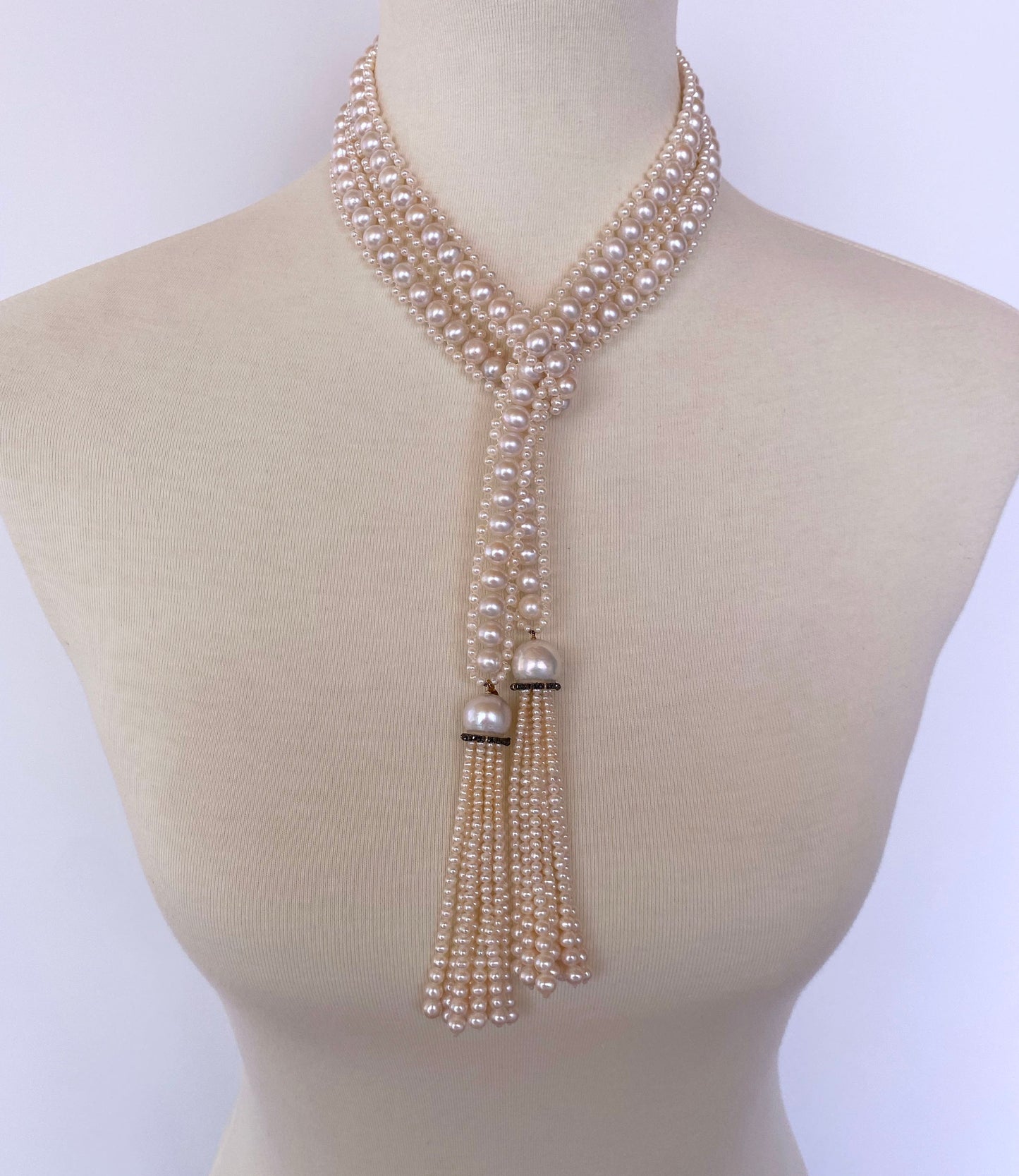 All Pearl Sautoir with Graduated Tassel, Black Diamond and 14K