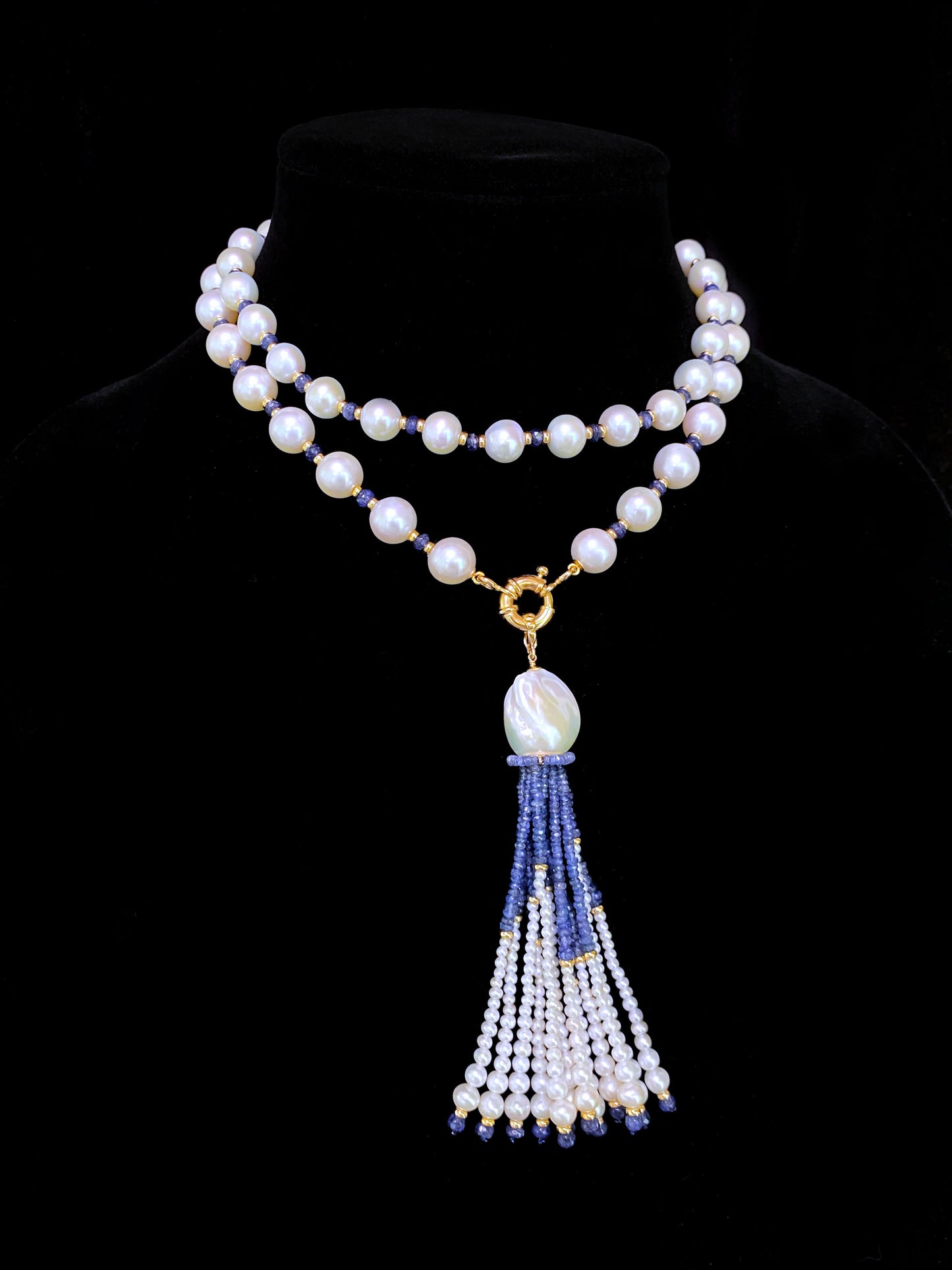 Blue Sapphire, Pearl & 14k Yellow Gold Sautoir with Graduated Tassel