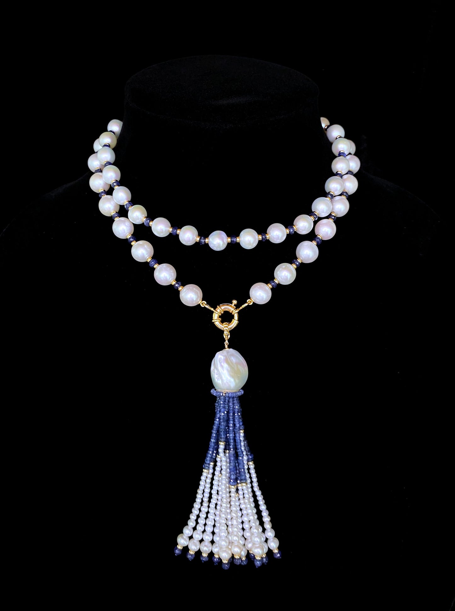 Blue Sapphire, Pearl & 14k Yellow Gold Sautoir with Graduated Tassel