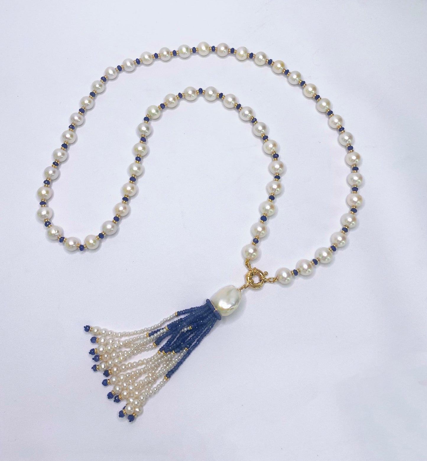 Blue Sapphire, Pearl & 14k Yellow Gold Sautoir with Graduated Tassel