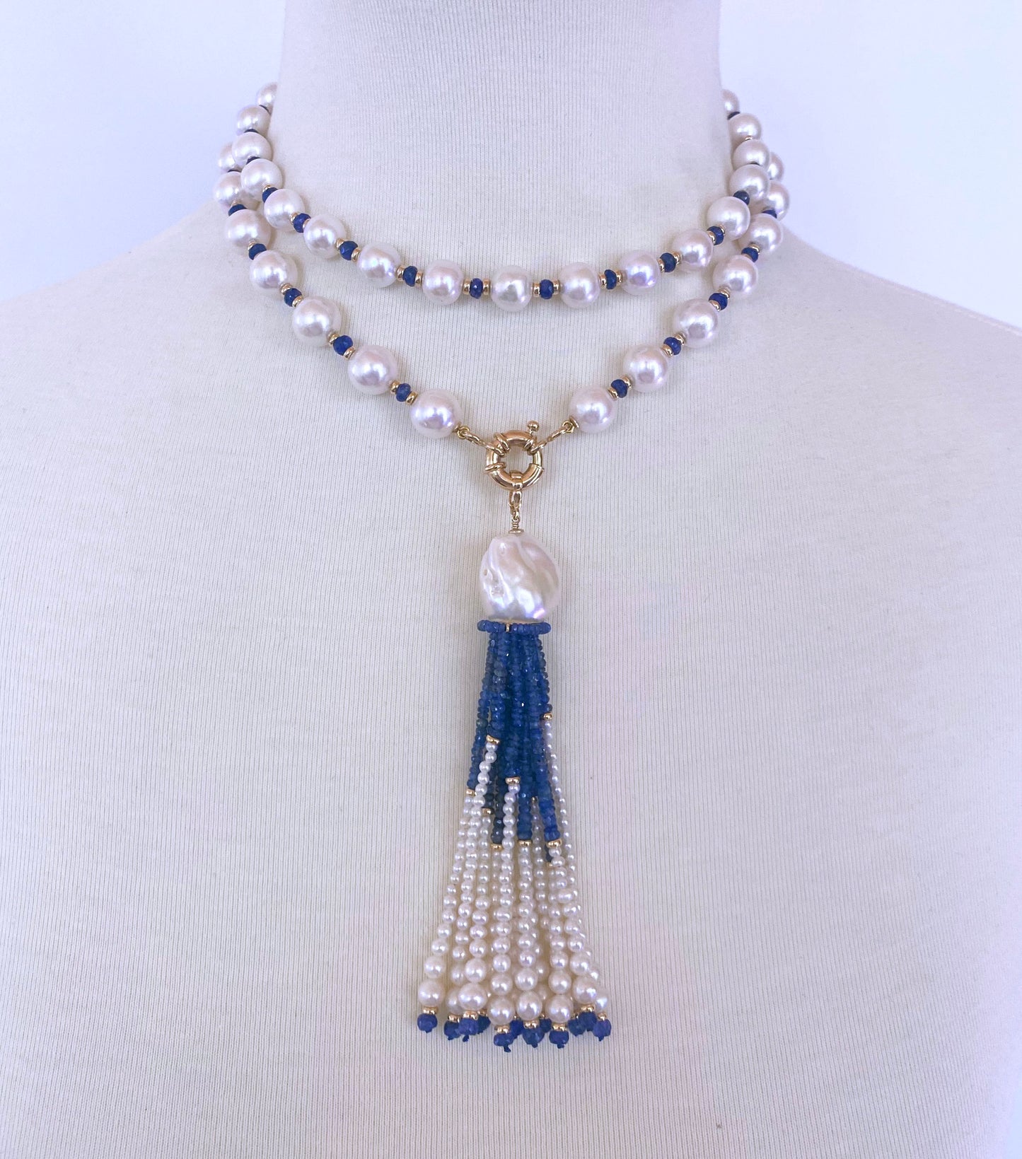 Blue Sapphire, Pearl & 14k Yellow Gold Sautoir with Graduated Tassel