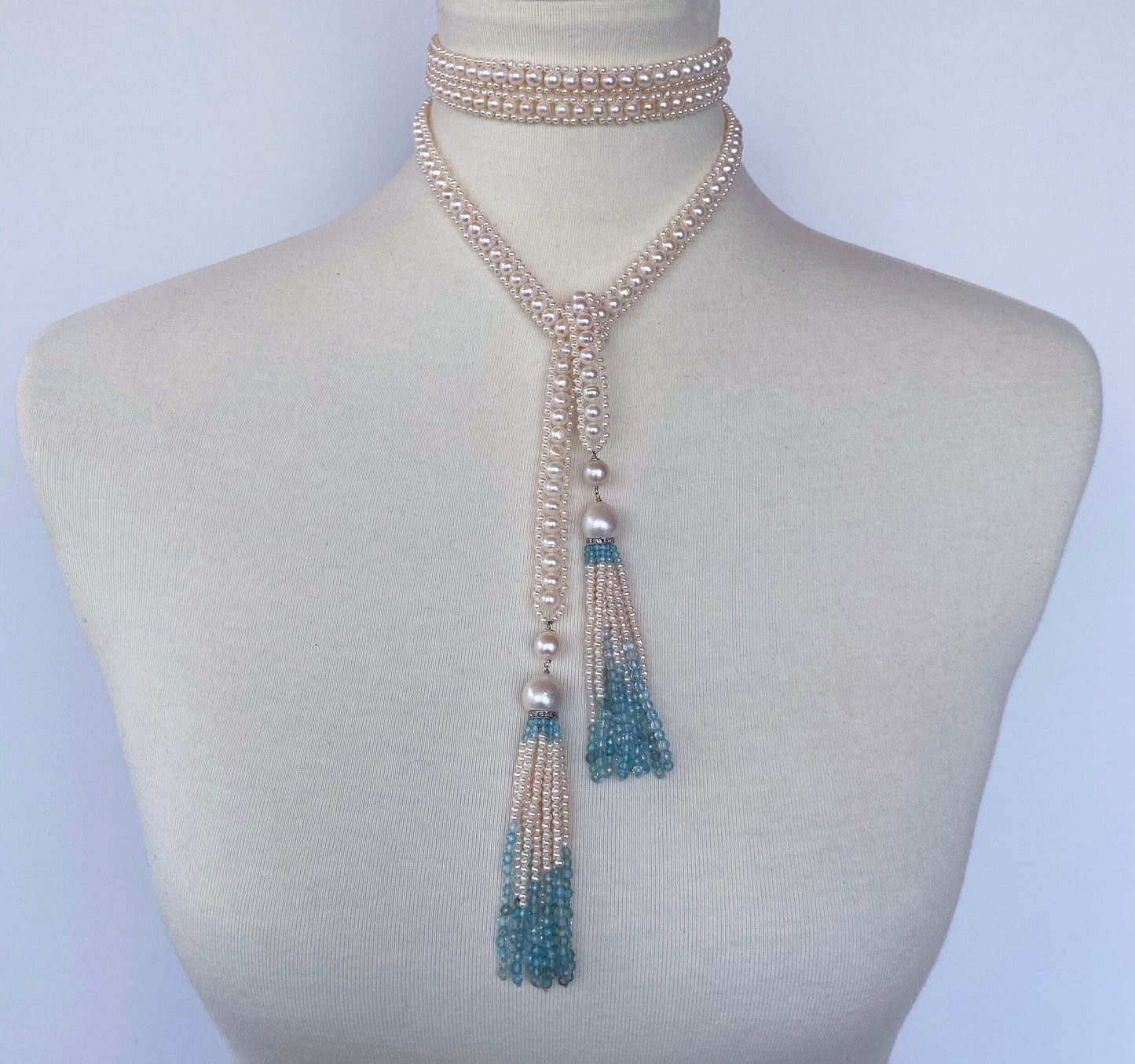 Marina J Long Woven Pearl Sautoir with Pearl and Aquamarine Tassels and 14k Gold