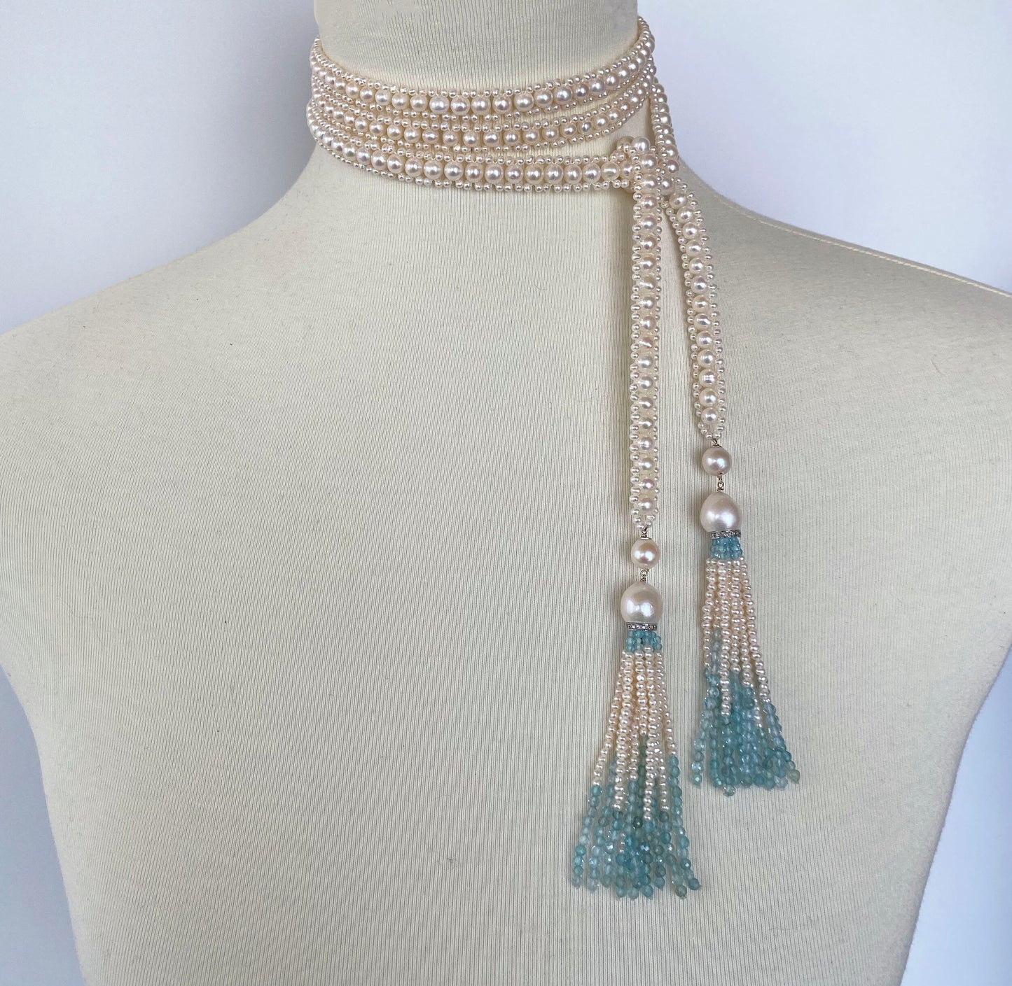 Marina J Long Woven Pearl Sautoir with Pearl and Aquamarine Tassels and 14k Gold