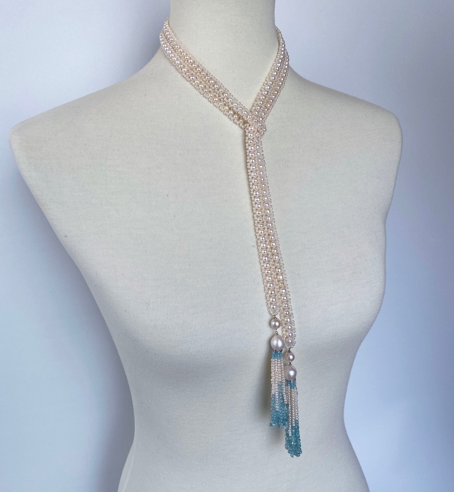 Marina J Long Woven Pearl Sautoir with Pearl and Aquamarine Tassels and 14k Gold