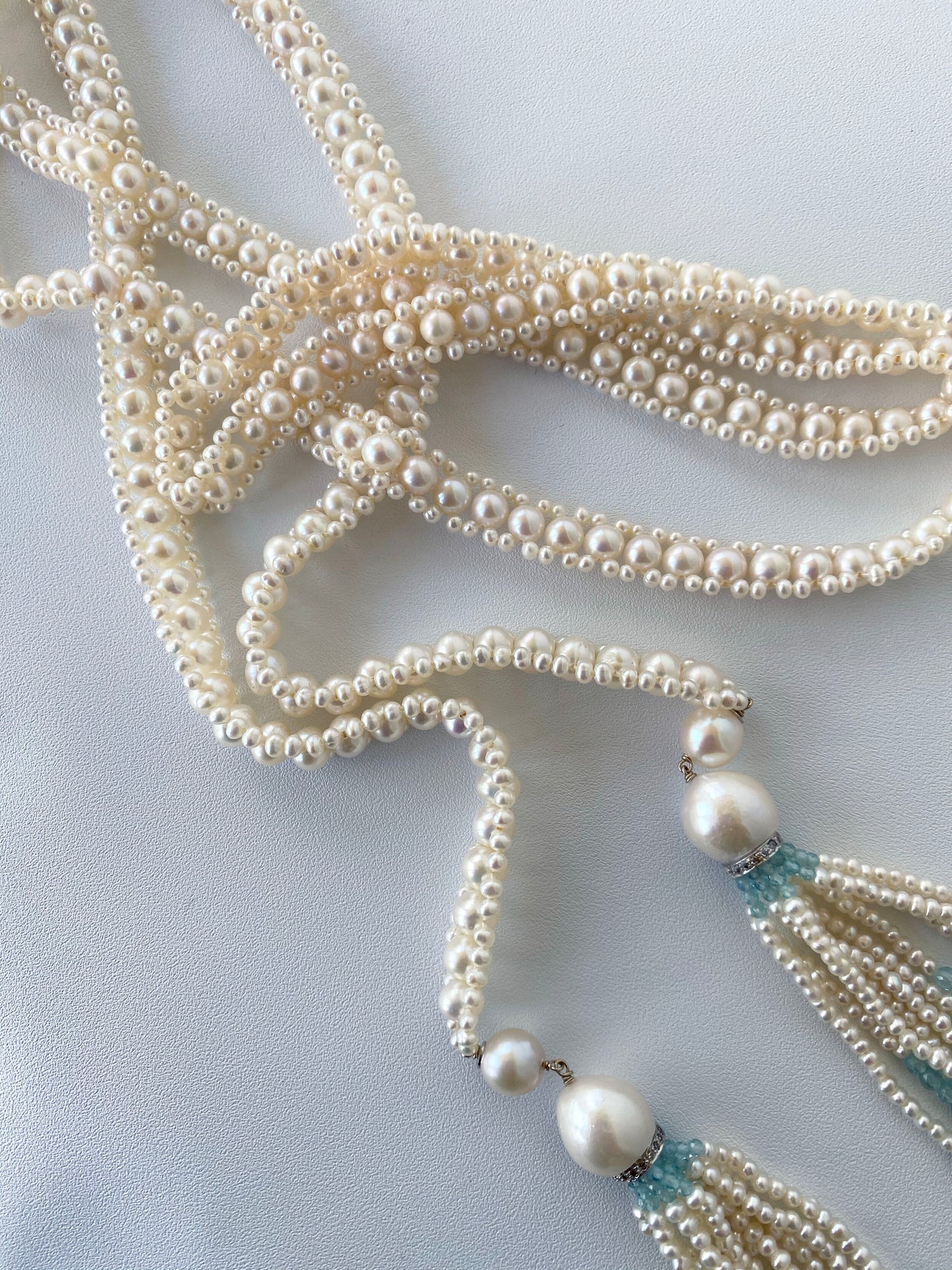 Long Woven Pearl Sautoir with Pearl and Aquamarine Tassels and 14k Gold