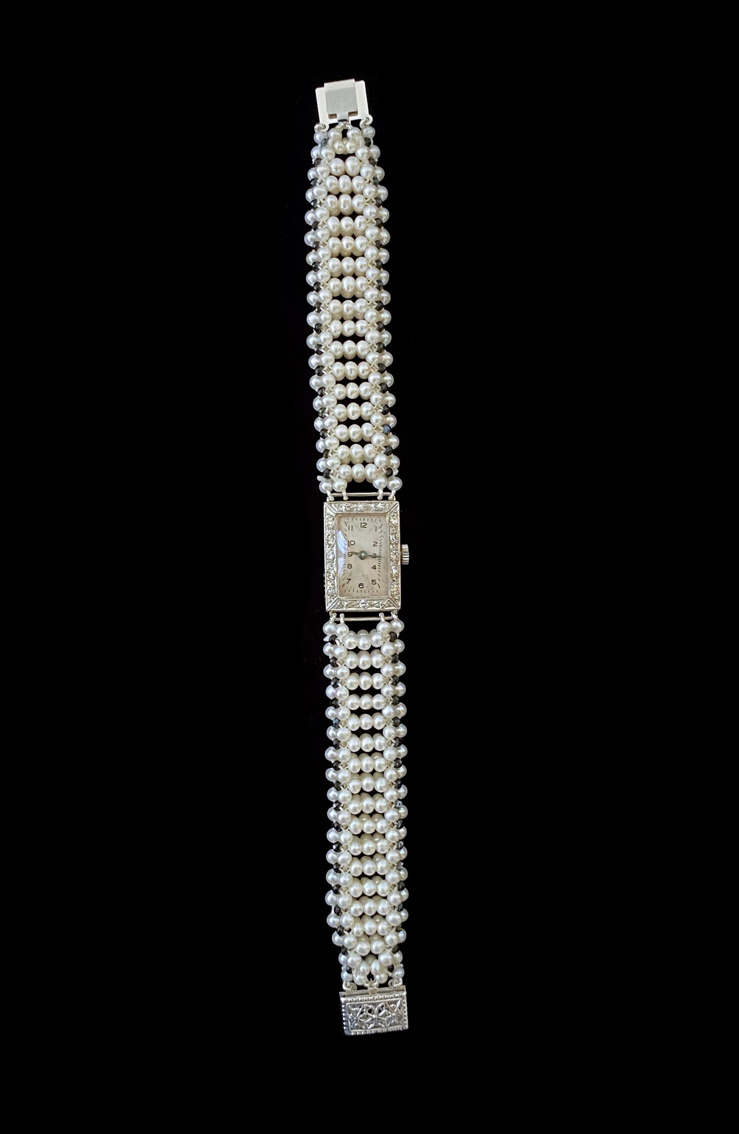 18k Vintage Diamond Encrusted Watch with Pearls & Black Spinel