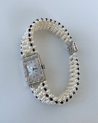 18k Vintage Diamond Encrusted Watch with Pearls & Black Spinel