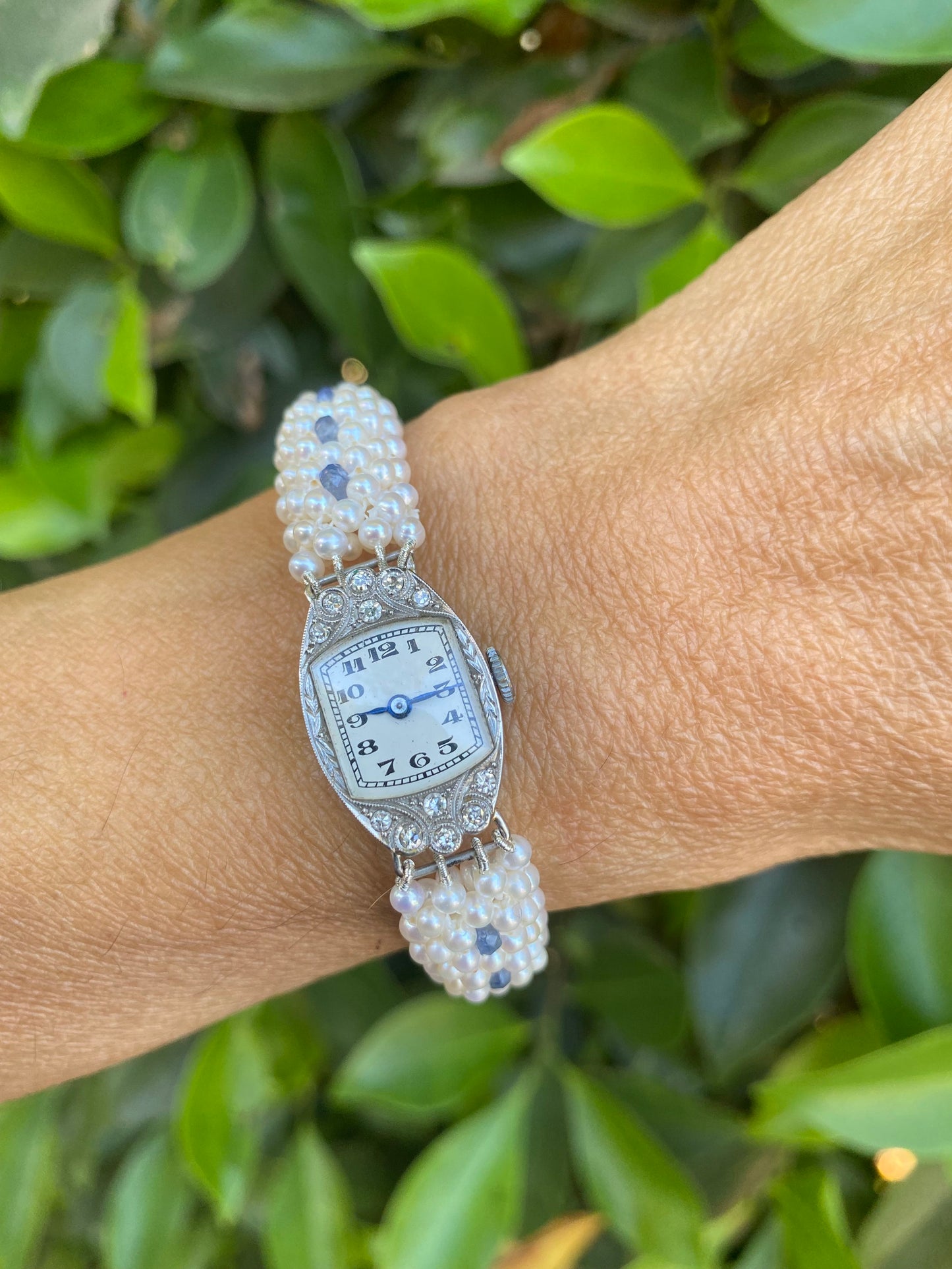 Antique French Platinum Diamond Watch with Blue Sapphires & Pearls