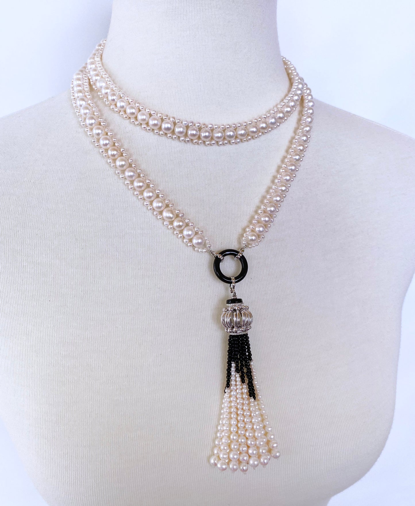 Woven Pearl Sautoir with Black Onyx & Rhodium Silver Decorative Bead