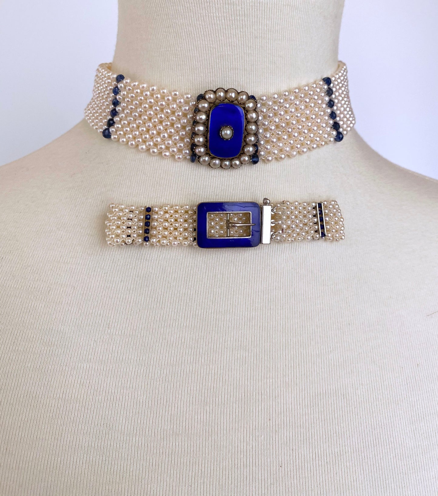 Pearl & Sapphire Choker with Vintage Centerpiece and 14K White Gold