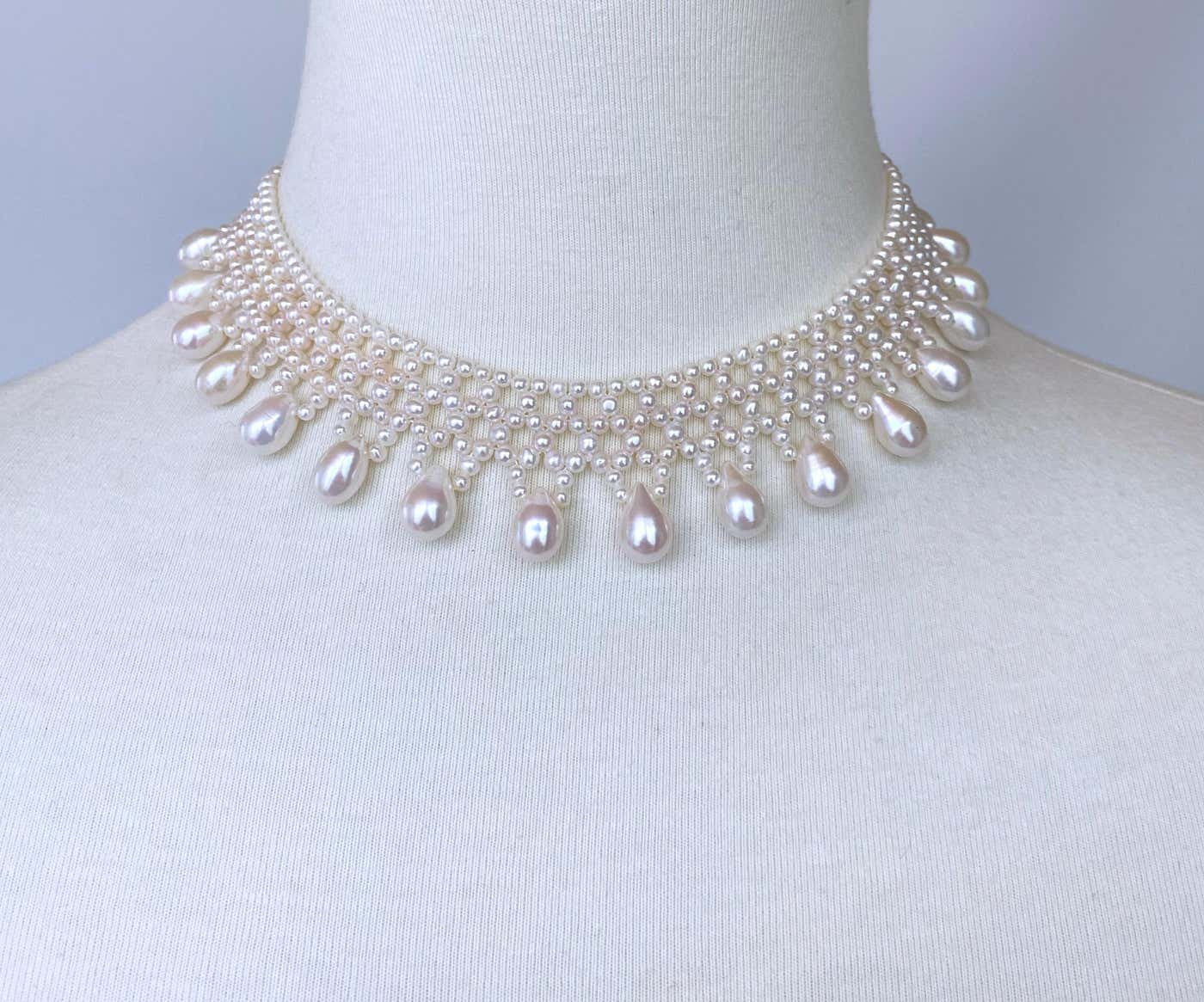 Woven Pearl Necklace with Pearl Drops at 14k Yellow Gold