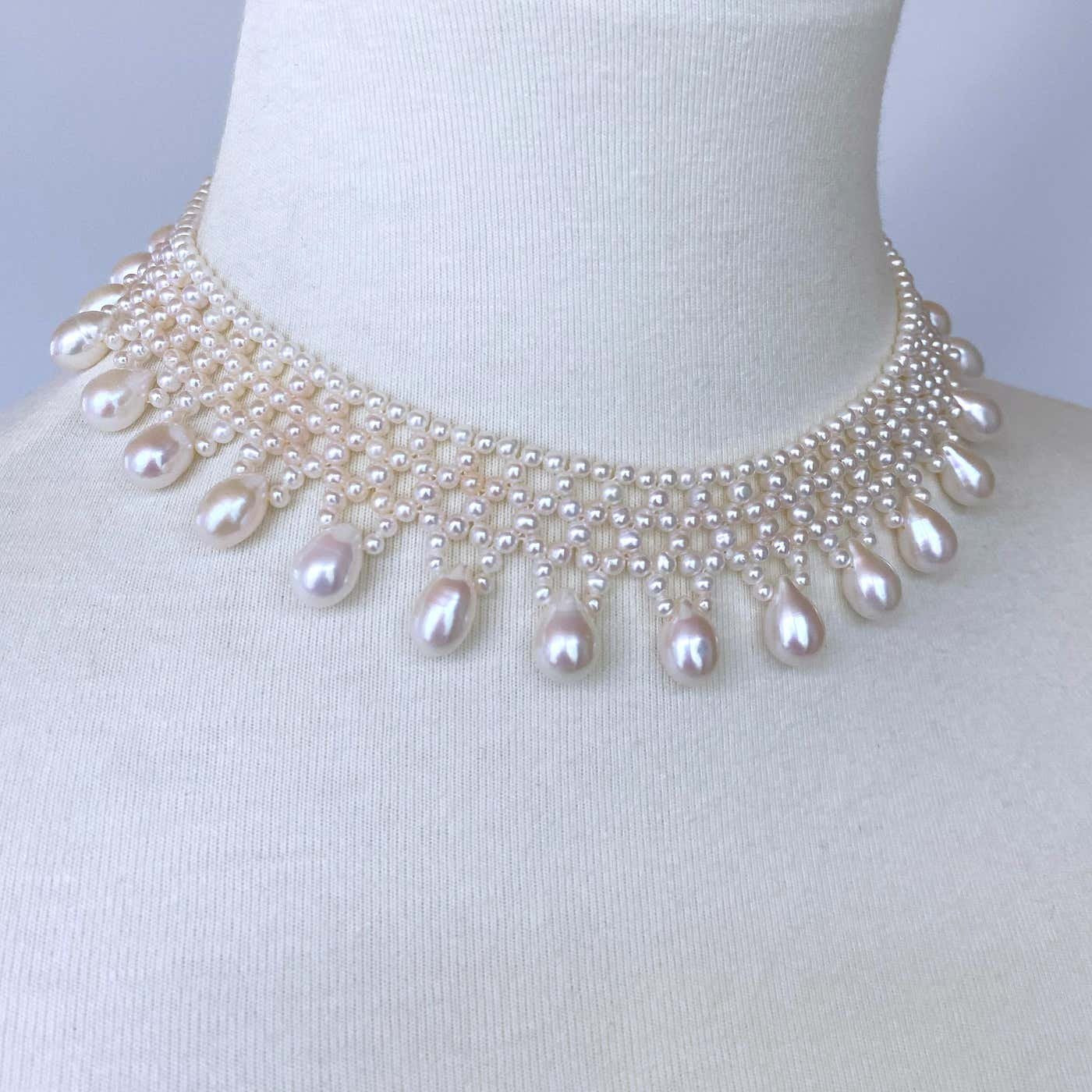 Woven Pearl Necklace with Pearl Drops at 14k Yellow Gold