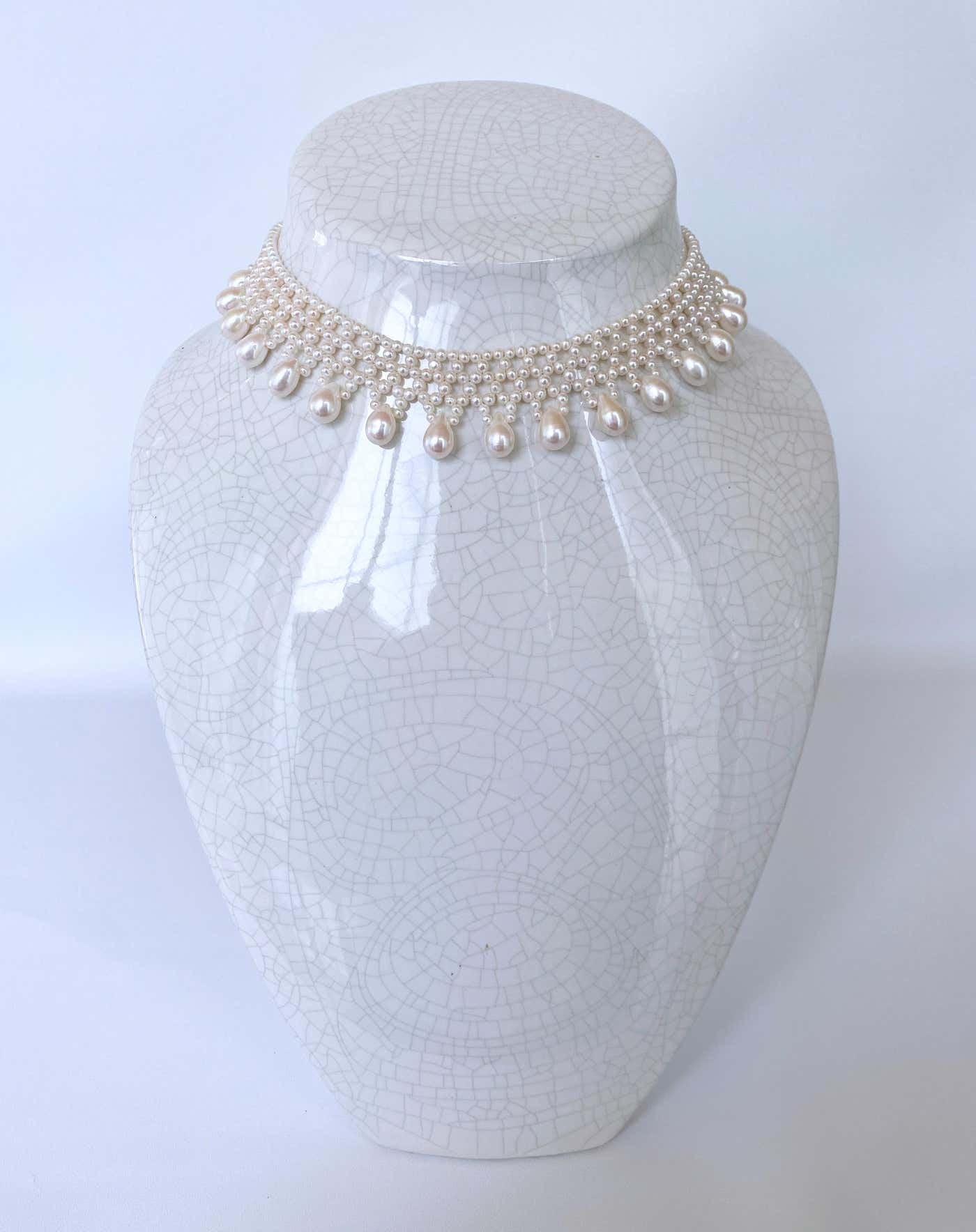 Woven Pearl Necklace with Pearl Drops at 14k Yellow Gold