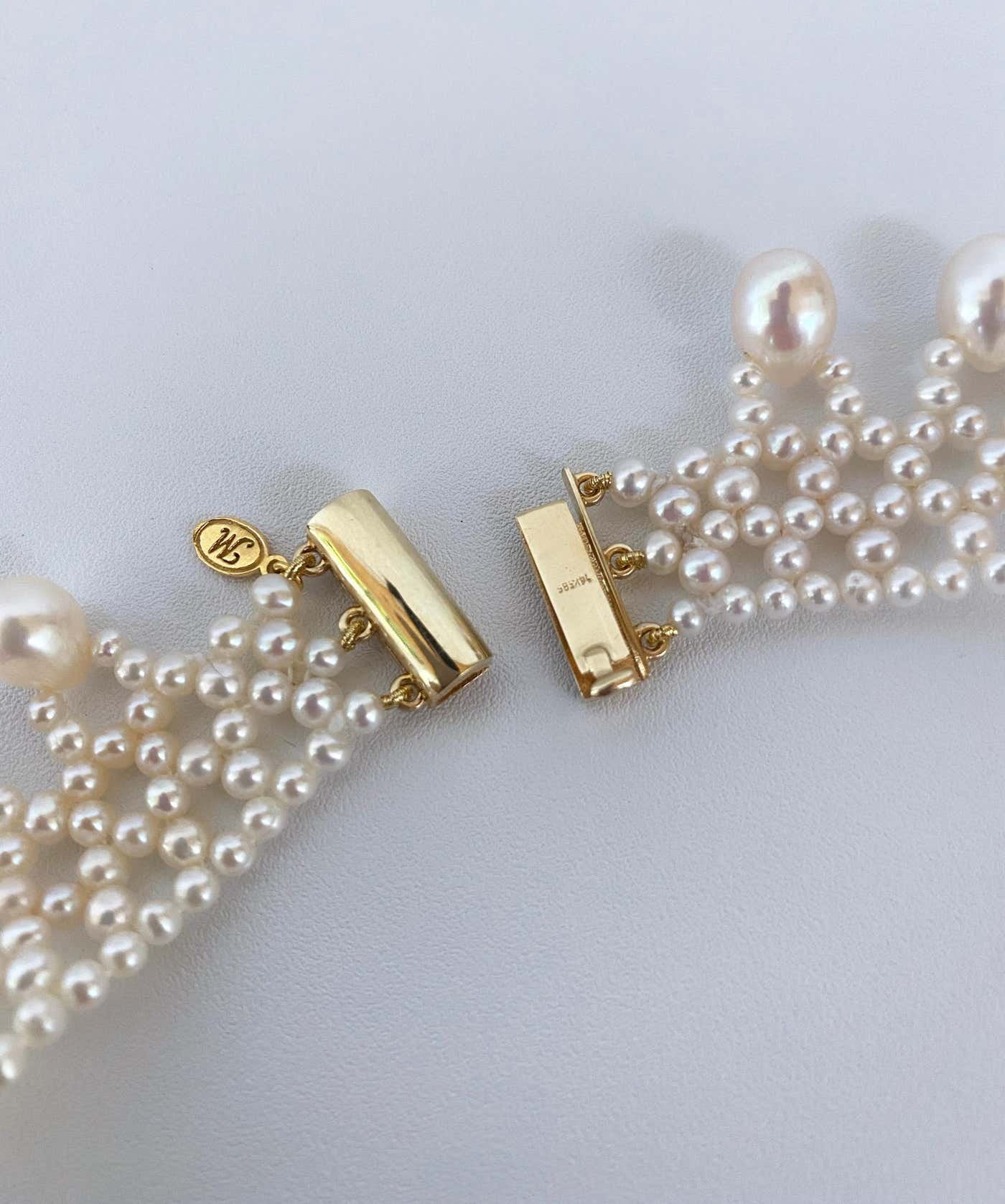 Woven Pearl Necklace with Pearl Drops at 14k Yellow Gold